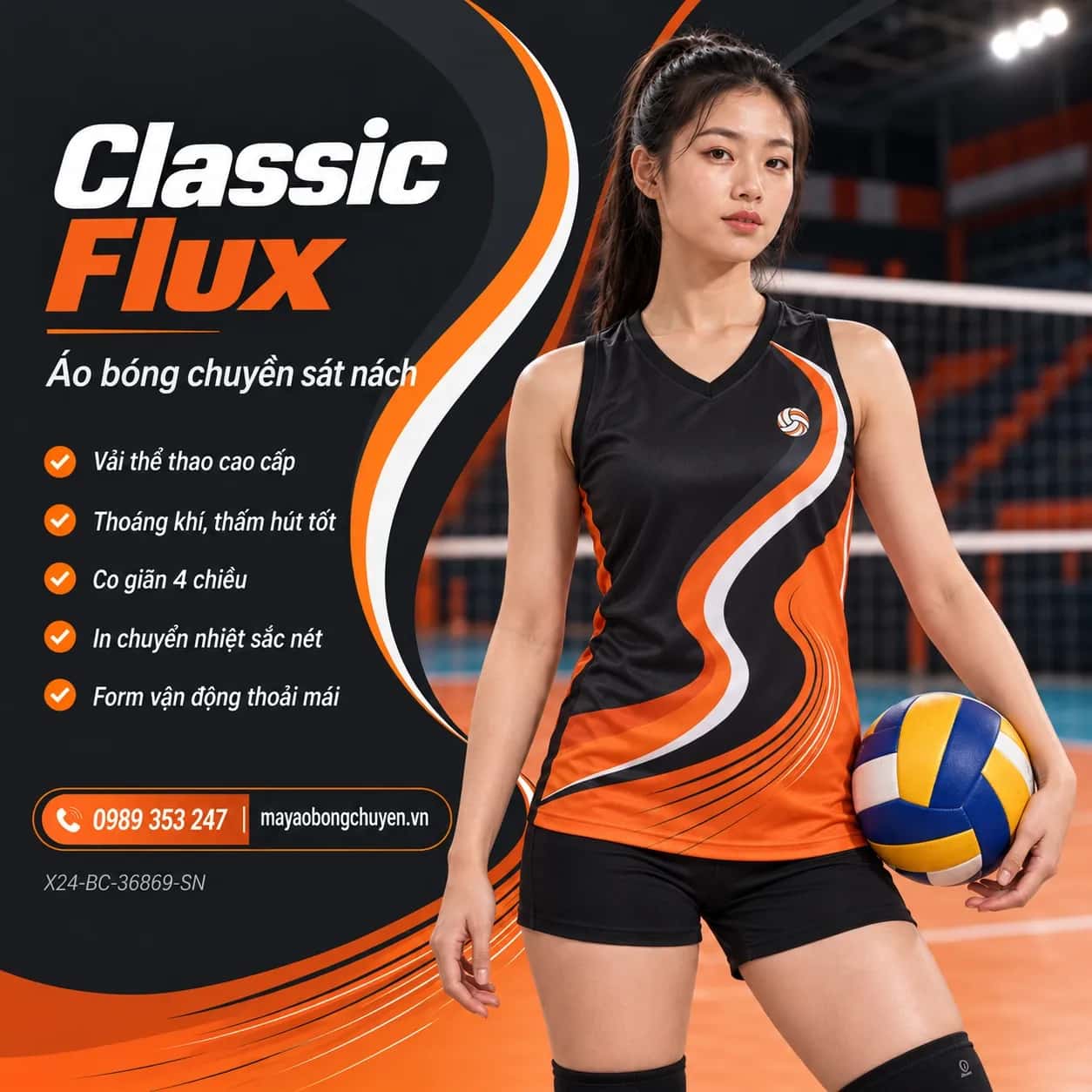 Áo bóng chuyền sát nách Classic Flux phối cam đen charcoal đặt đội