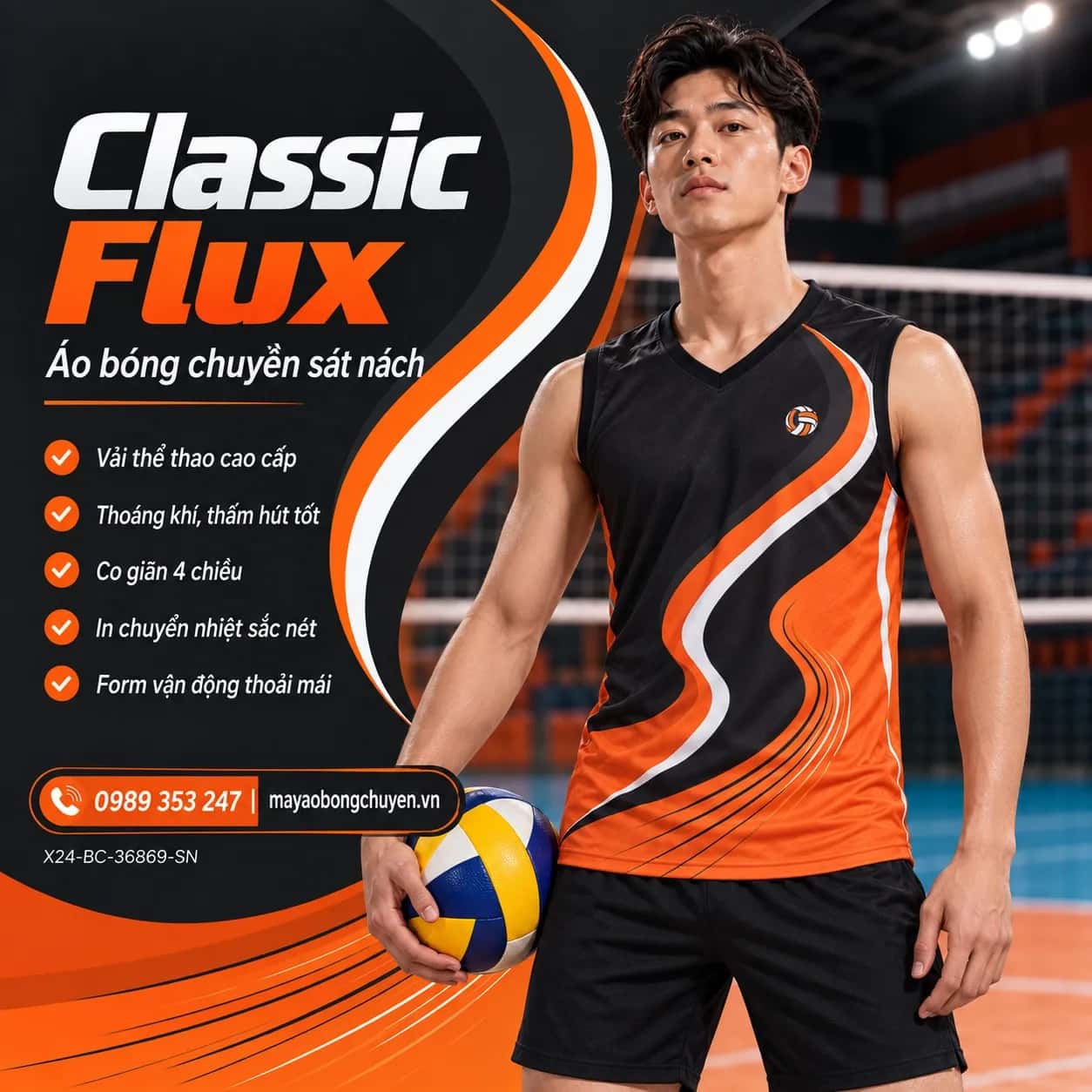 Áo bóng chuyền sát nách Classic Flux phối cam đen charcoal đặt đội