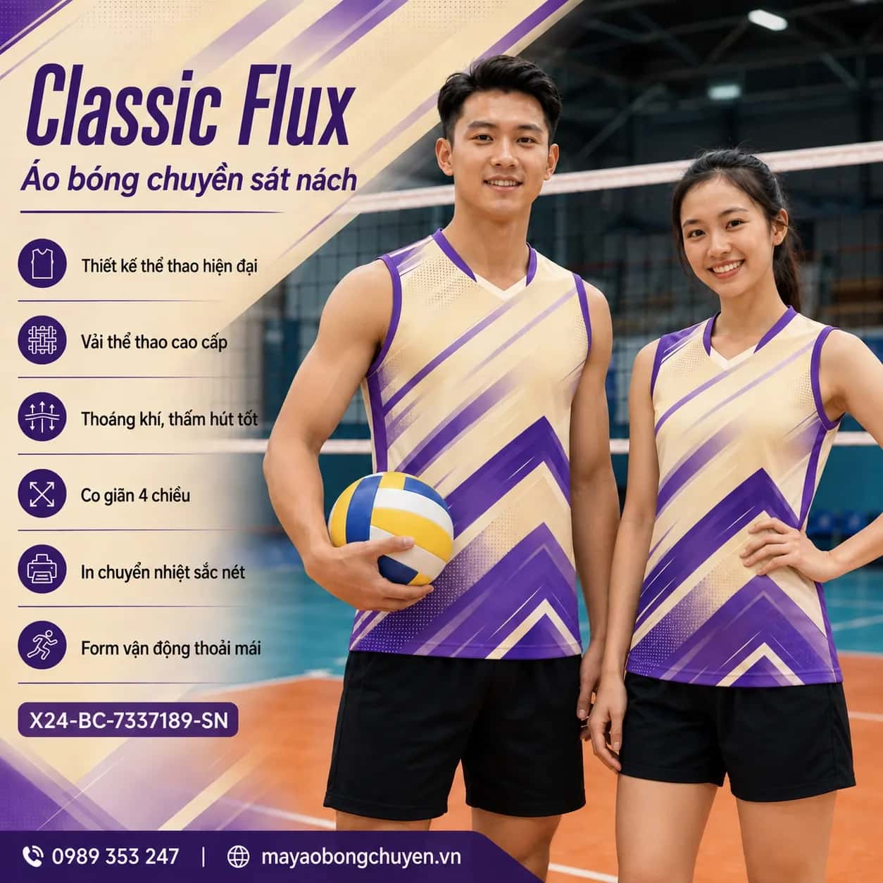 Áo bóng chuyền sát nách Classic Flux phối kem ấm tím violet đặt đội