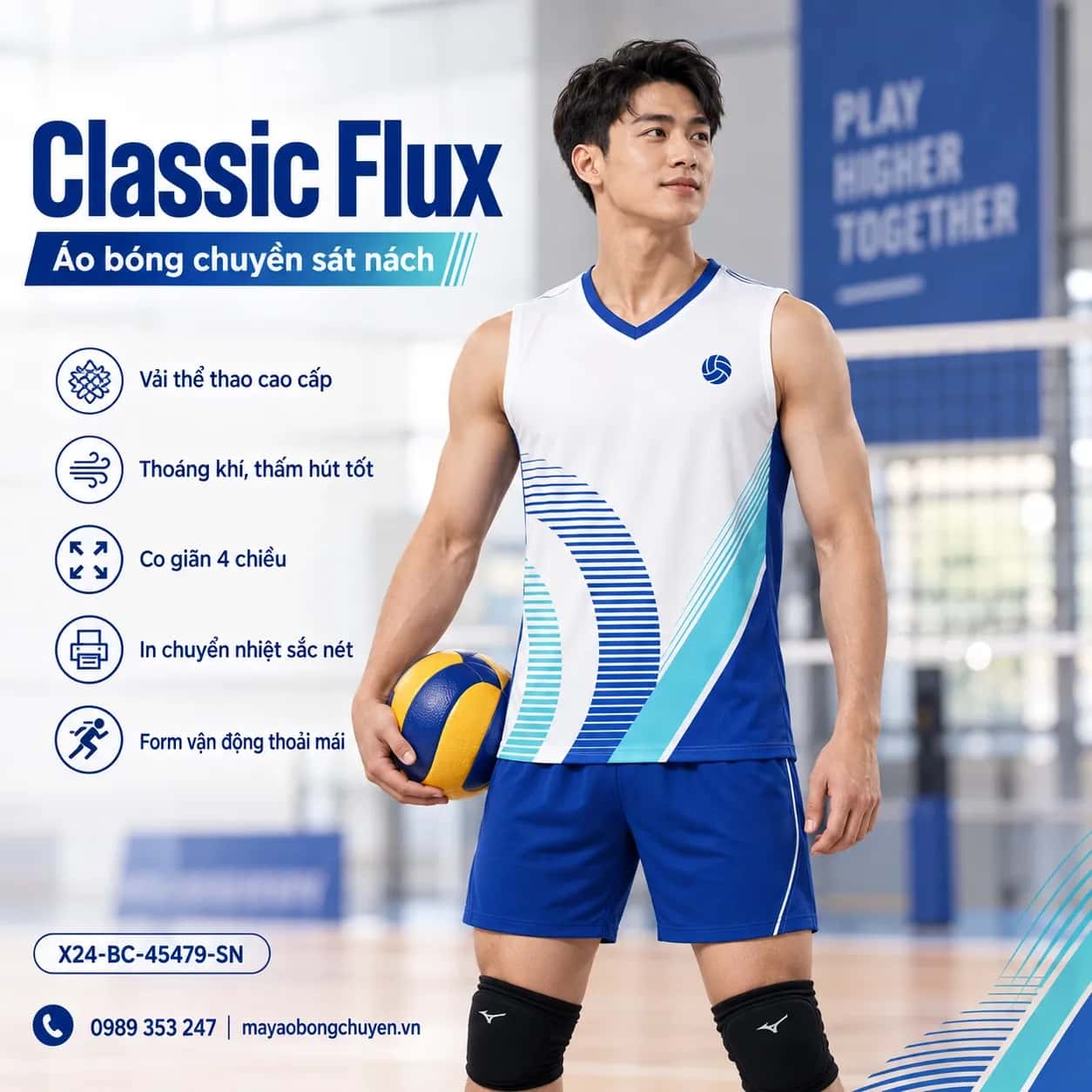 Áo bóng chuyền sát nách Classic Flux phối trắng ngà xanh ultramarine đặt đội