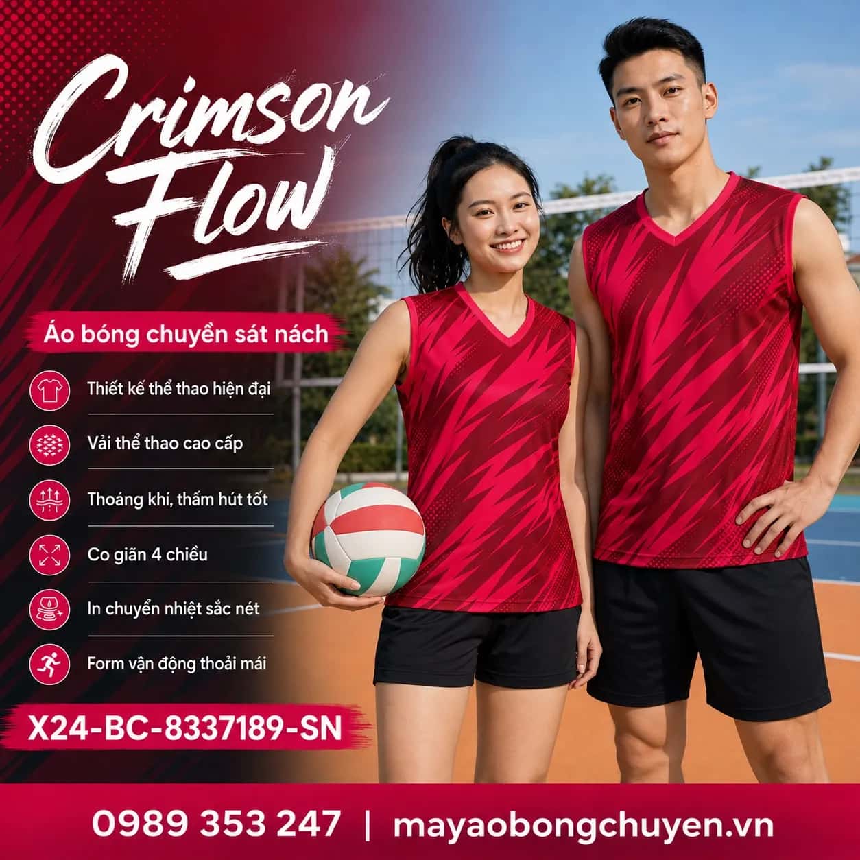 Áo bóng chuyền sát nách Crimson Flow phối đỏ crimson hồng magenta đặt đội