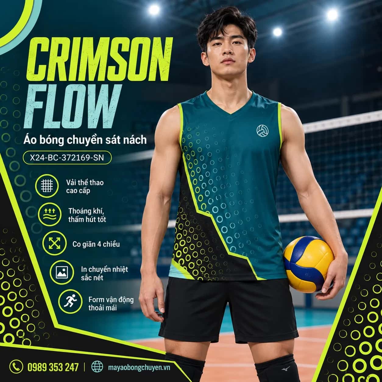 Áo bóng chuyền sát nách Crimson Flow phối xanh teal đậm đen đặt đội