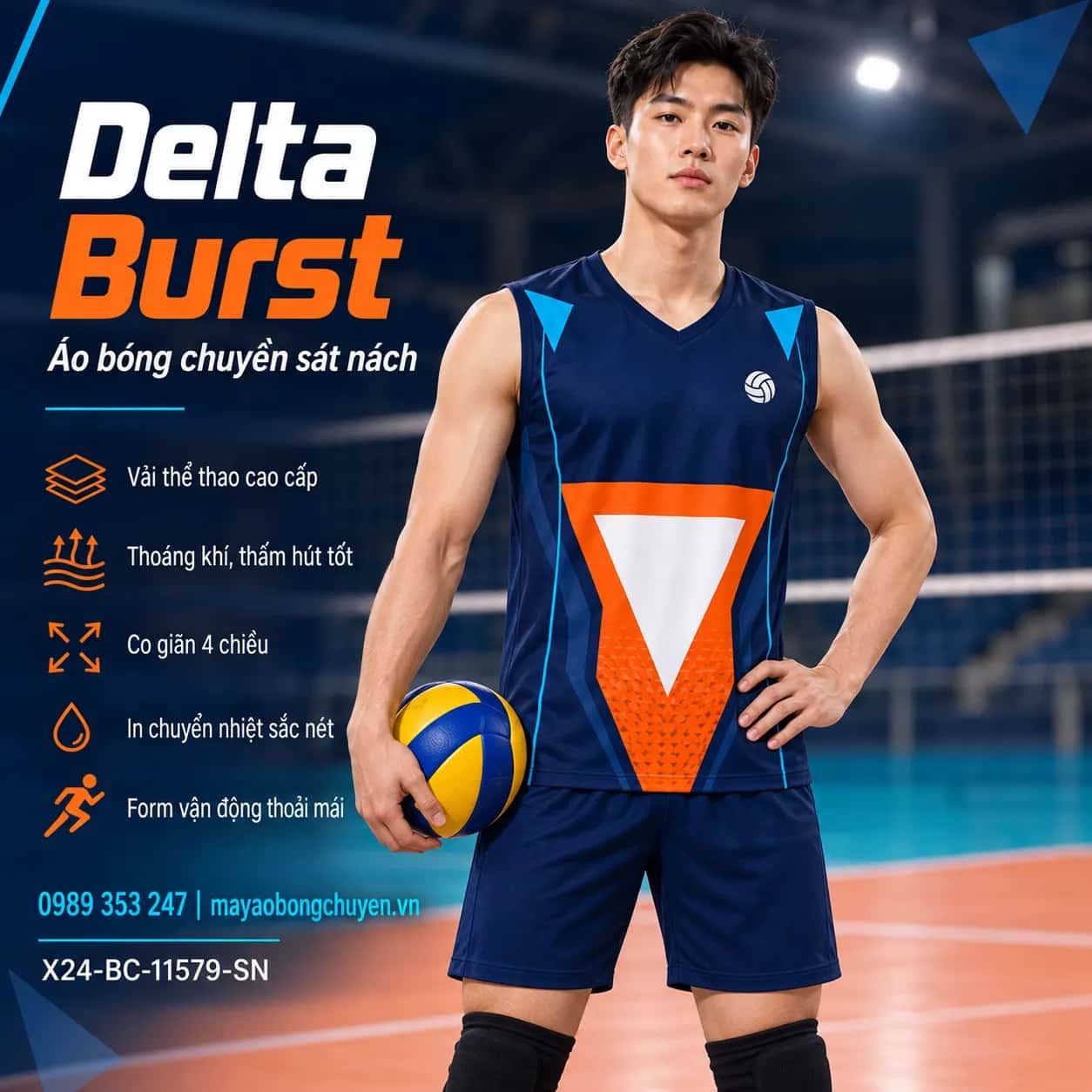 Áo bóng chuyền sát nách Delta Burst phối xanh midnight cam đặt đội