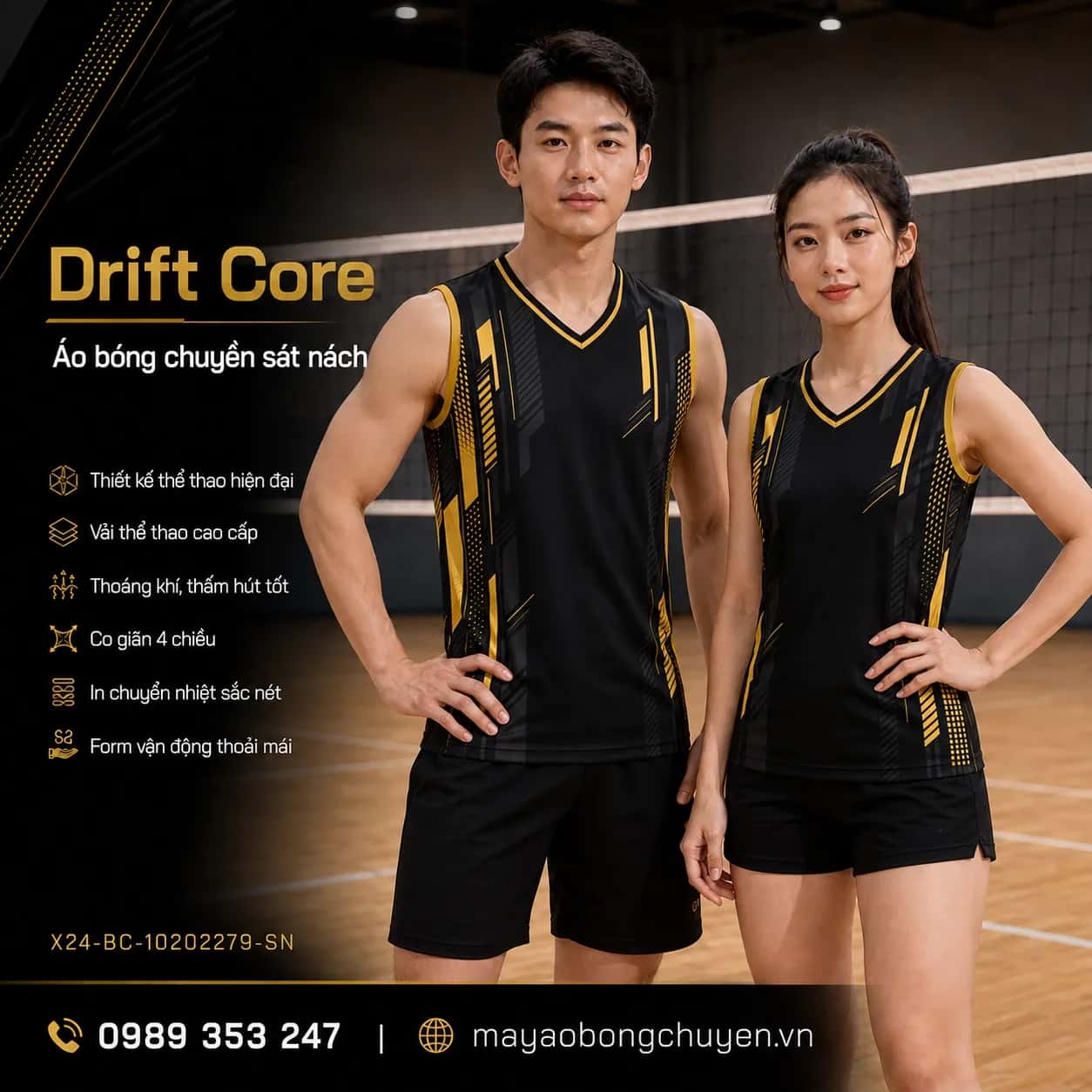 Áo bóng chuyền sát nách Drift Core phối đen vàng gold đặt đội