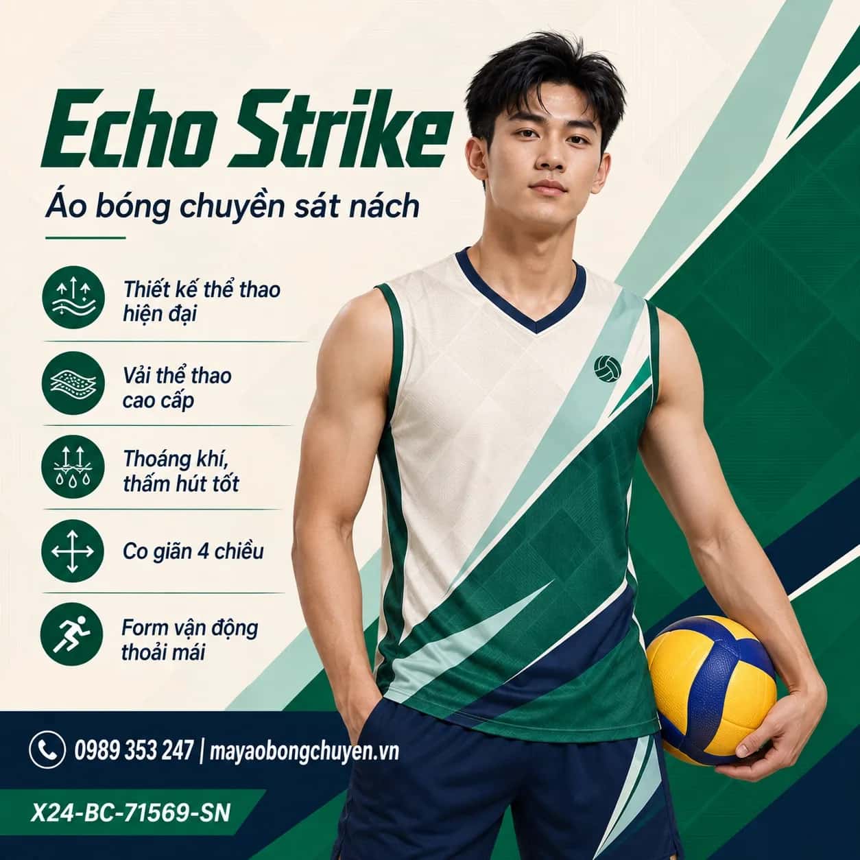 Áo bóng chuyền sát nách Echo Strike phối trắng kem xanh emerald đặt đội