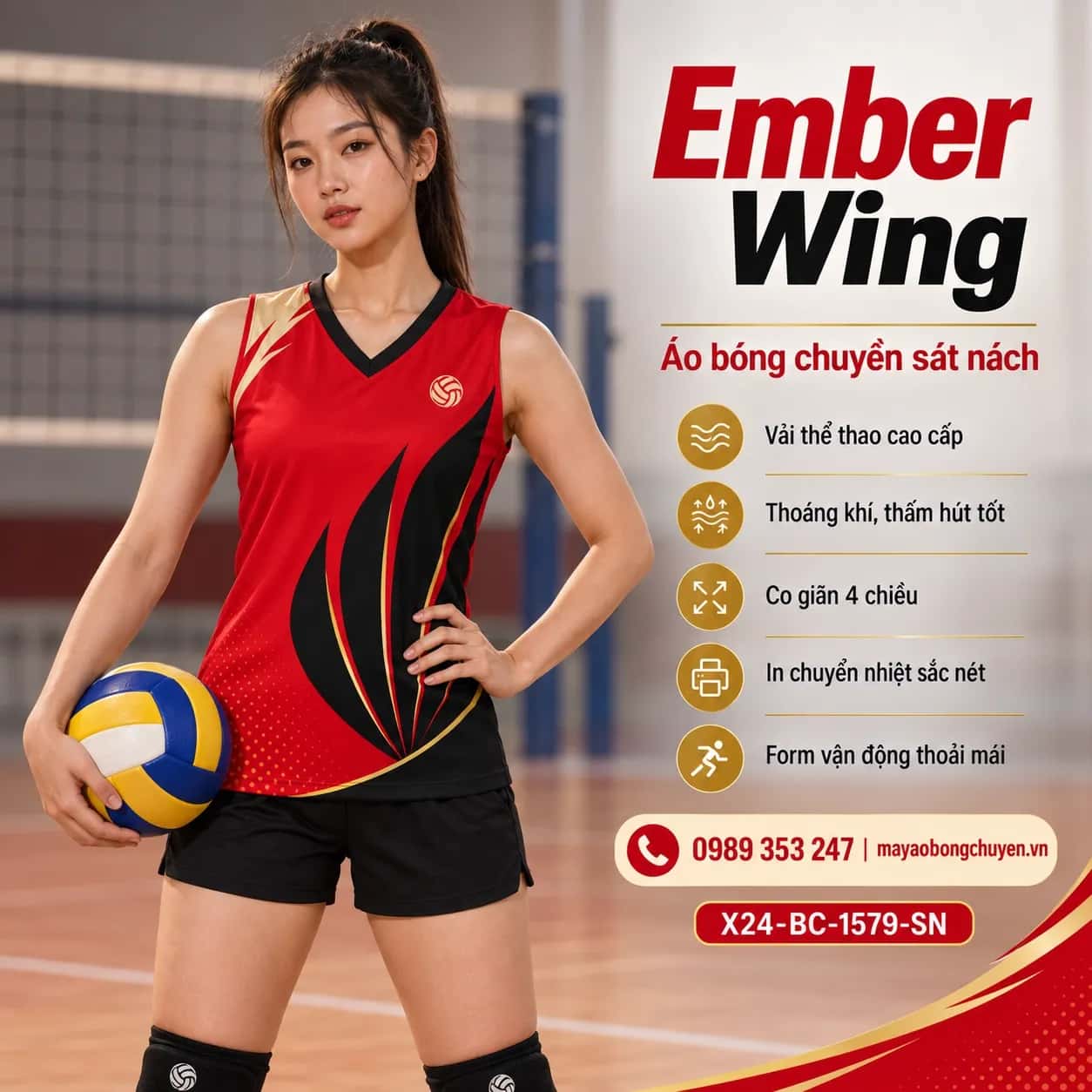 Áo bóng chuyền sát nách Ember Wing phối đỏ scarlet đen đặt đội