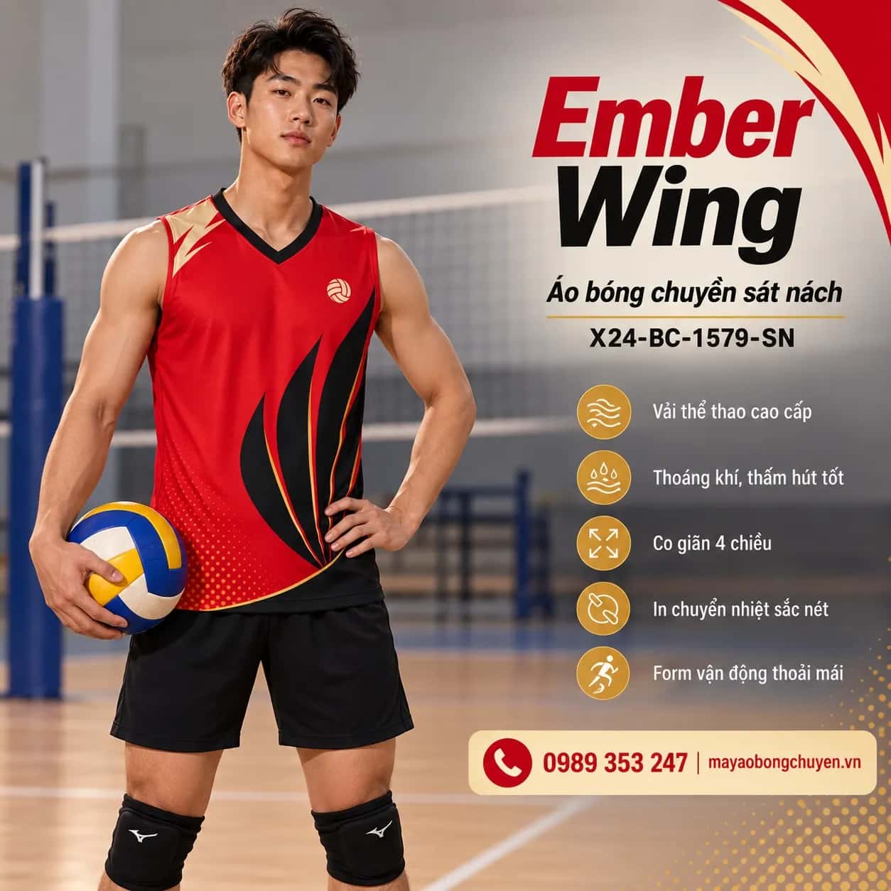 Áo bóng chuyền sát nách Ember Wing phối đỏ scarlet đen đặt đội