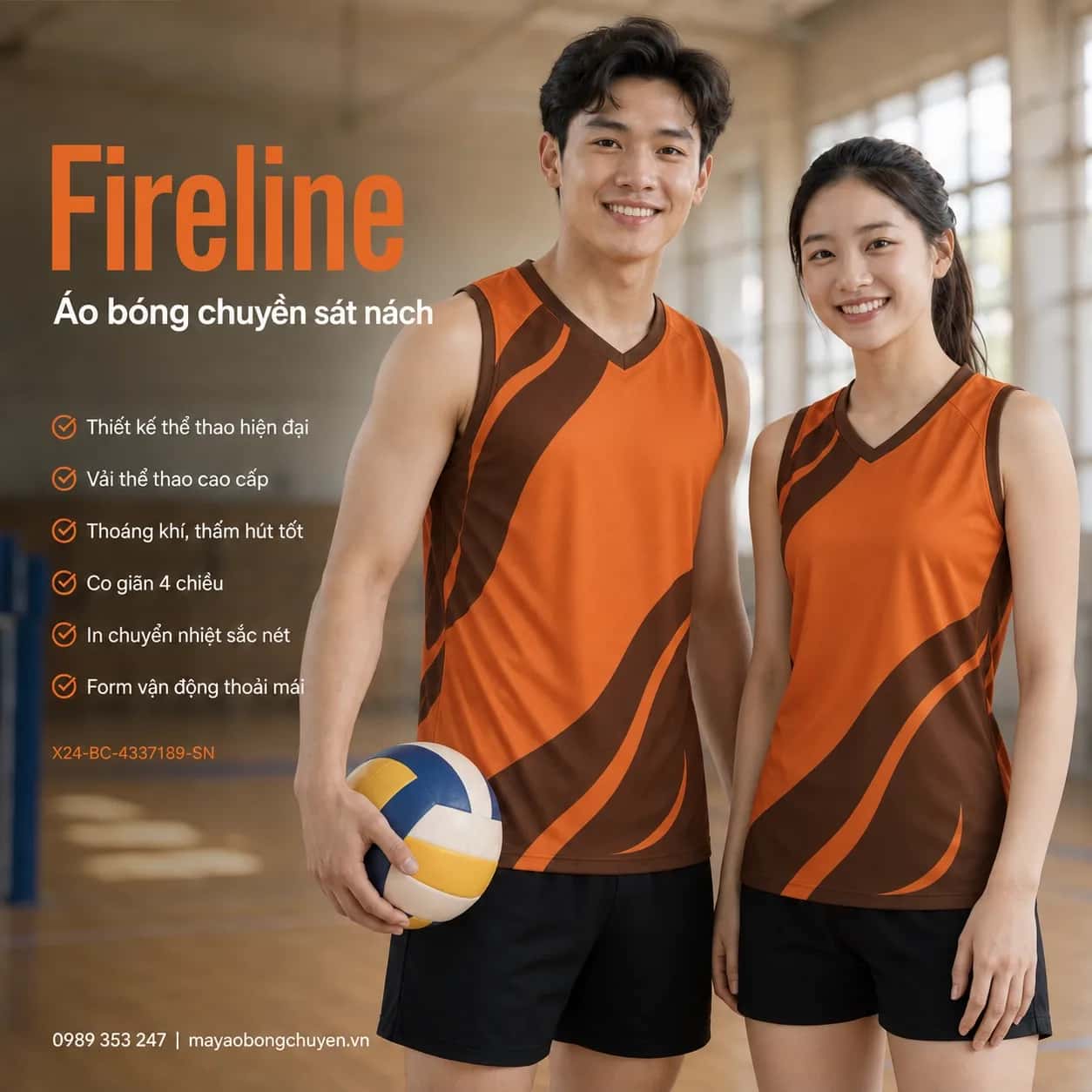 Áo bóng chuyền sát nách Fireline phối cam cháy nâu cacao đặt đội