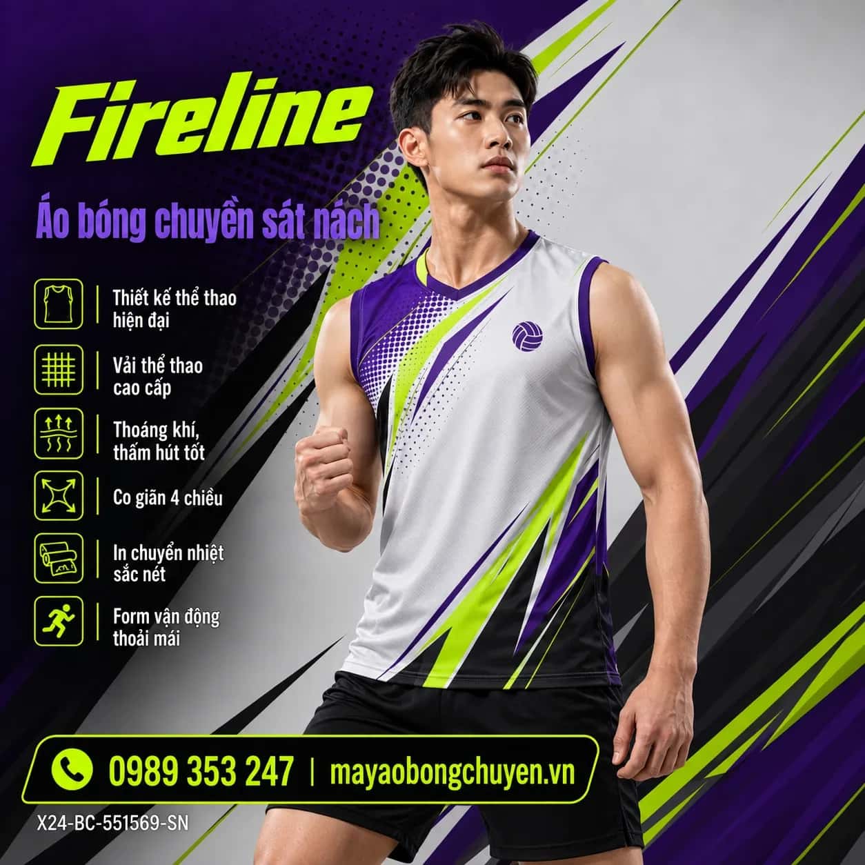 Áo bóng chuyền sát nách Fireline phối xám sáng tím royal đặt đội