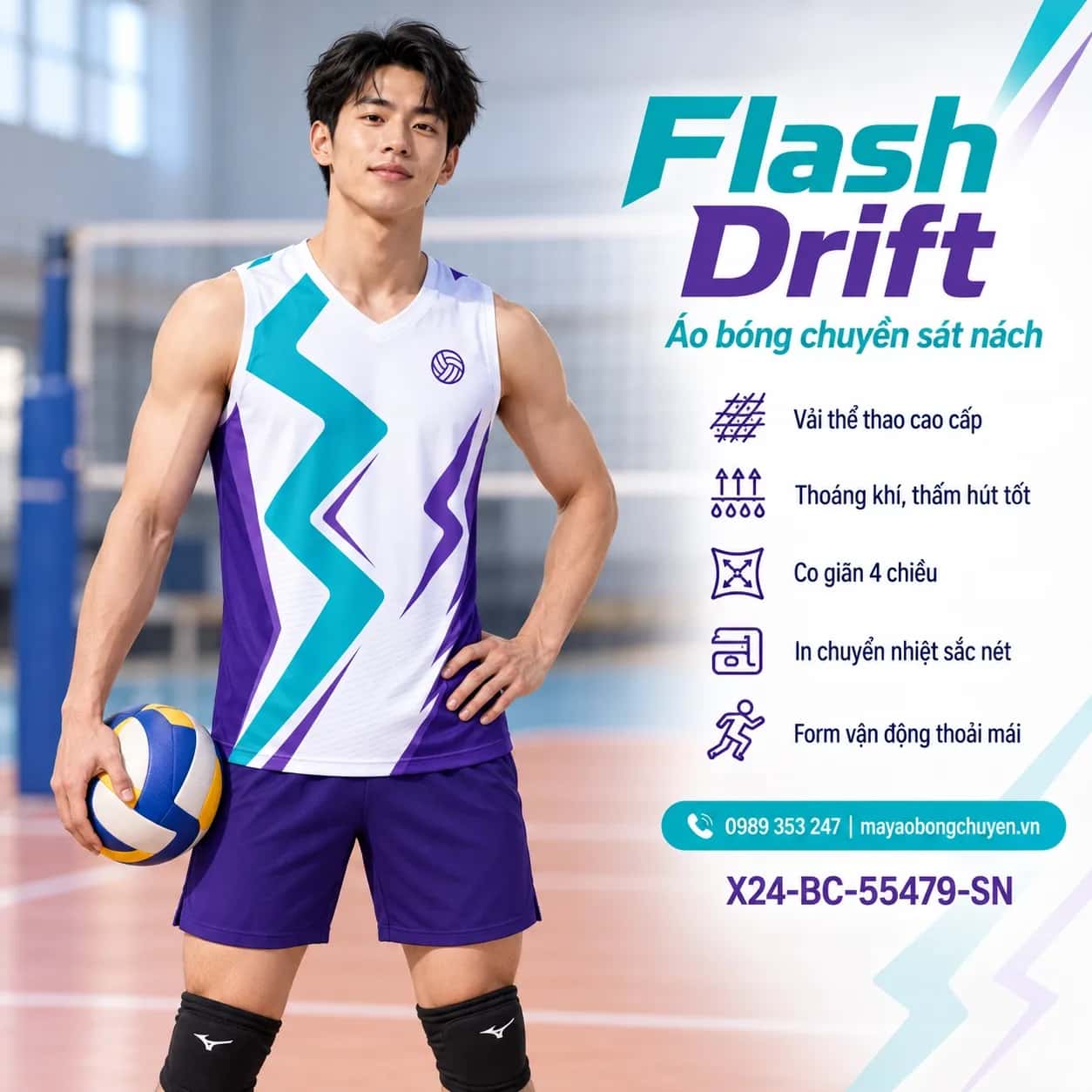 Áo bóng chuyền sát nách Flash Drift phối trắng xanh turquoise đặt đội