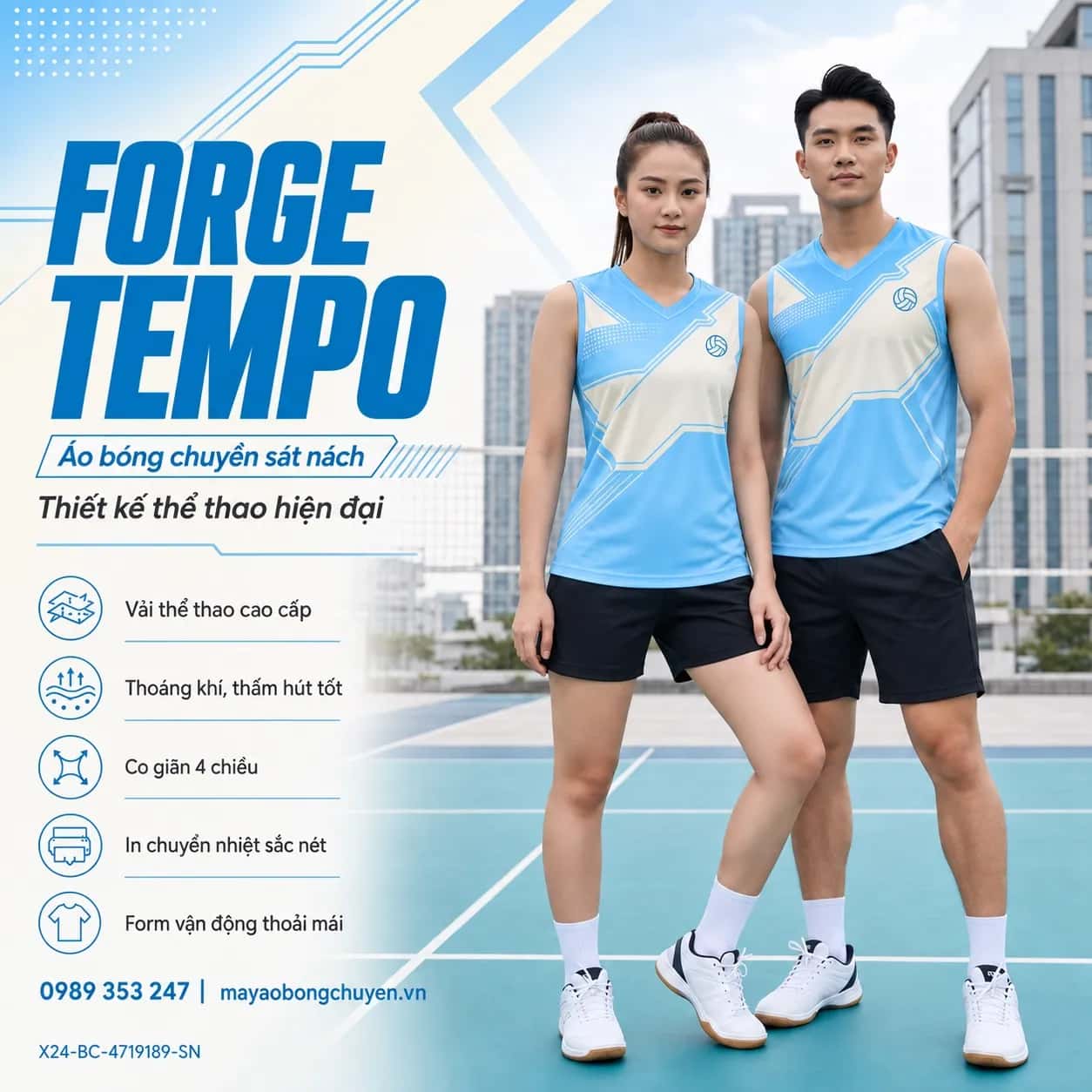 Áo bóng chuyền sát nách Forge Tempo phối xanh da trời kem ngà đặt đội