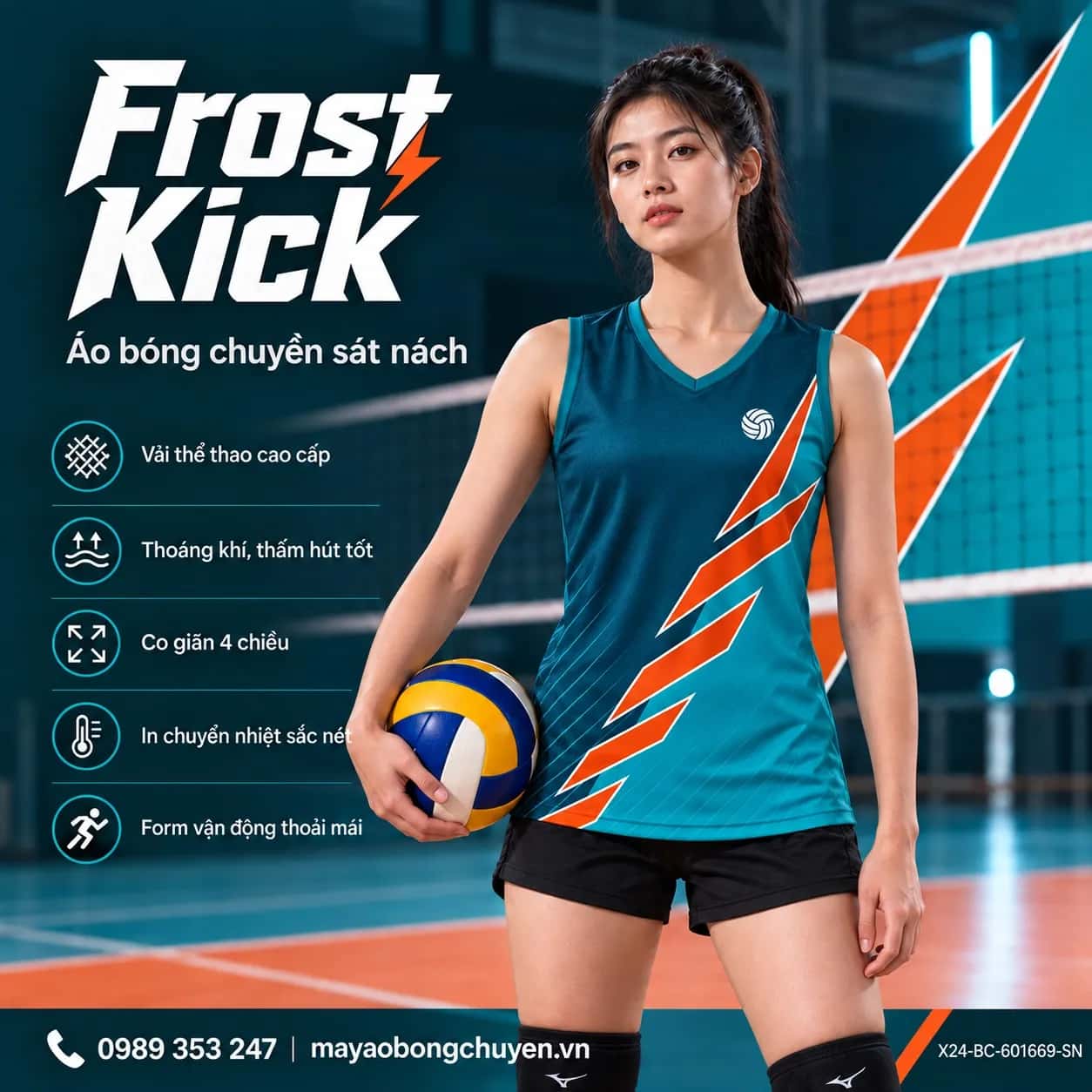 Áo bóng chuyền sát nách Frost Kick phối xanh teal đậm xanh teal sáng đặt đội