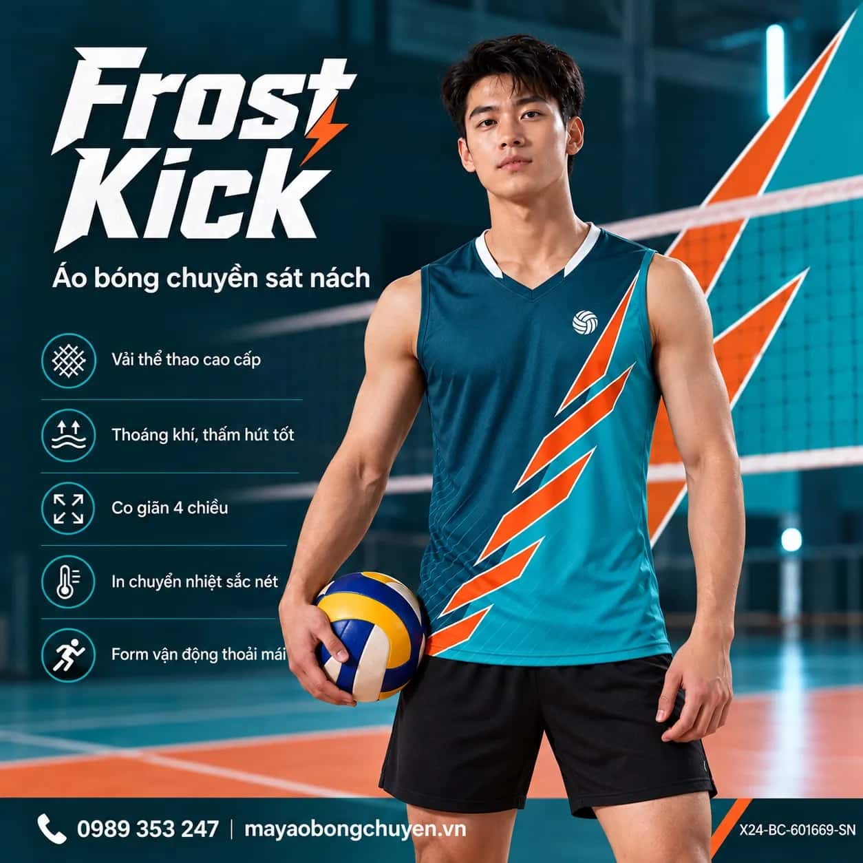 Áo bóng chuyền sát nách Frost Kick phối xanh teal đậm xanh teal sáng đặt đội