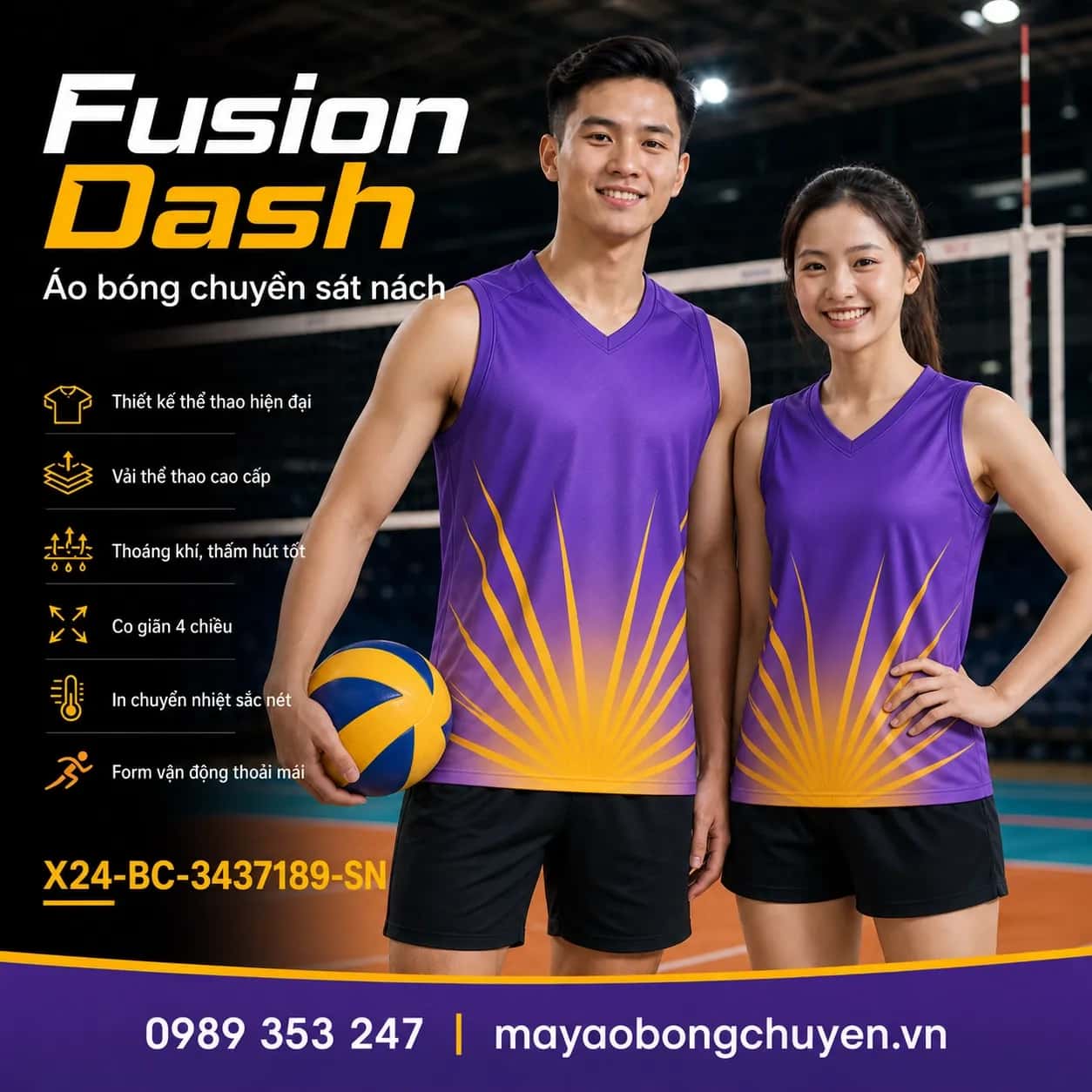Áo bóng chuyền sát nách Fusion Dash phối tím violet vàng gold đặt đội