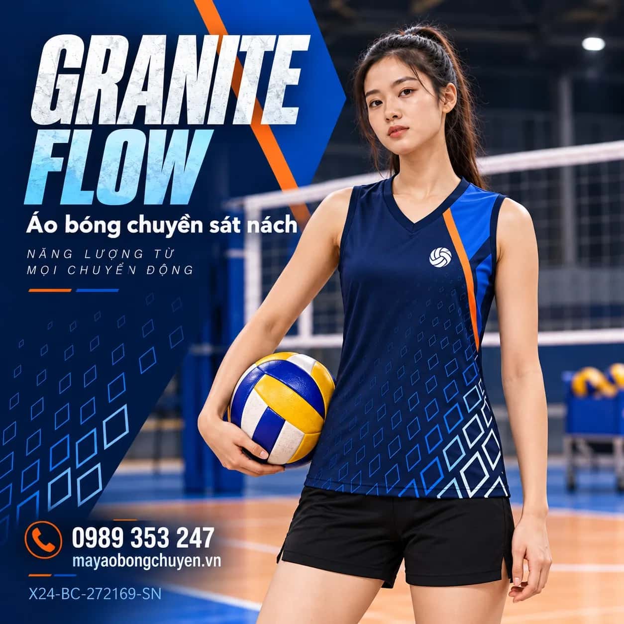 Áo bóng chuyền sát nách Granite Flow phối xanh navy xanh cobalt đặt đội