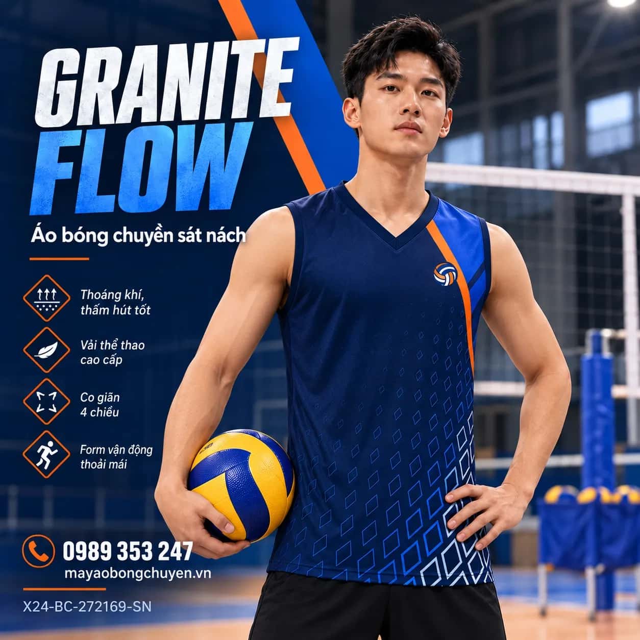 Áo bóng chuyền sát nách Granite Flow phối xanh navy xanh cobalt đặt đội