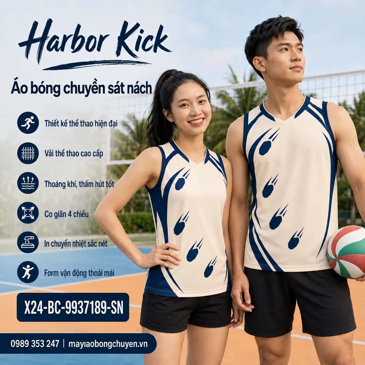 Áo bóng chuyền sát nách Harbor Kick phối kem ấm xanh navy đặt đội