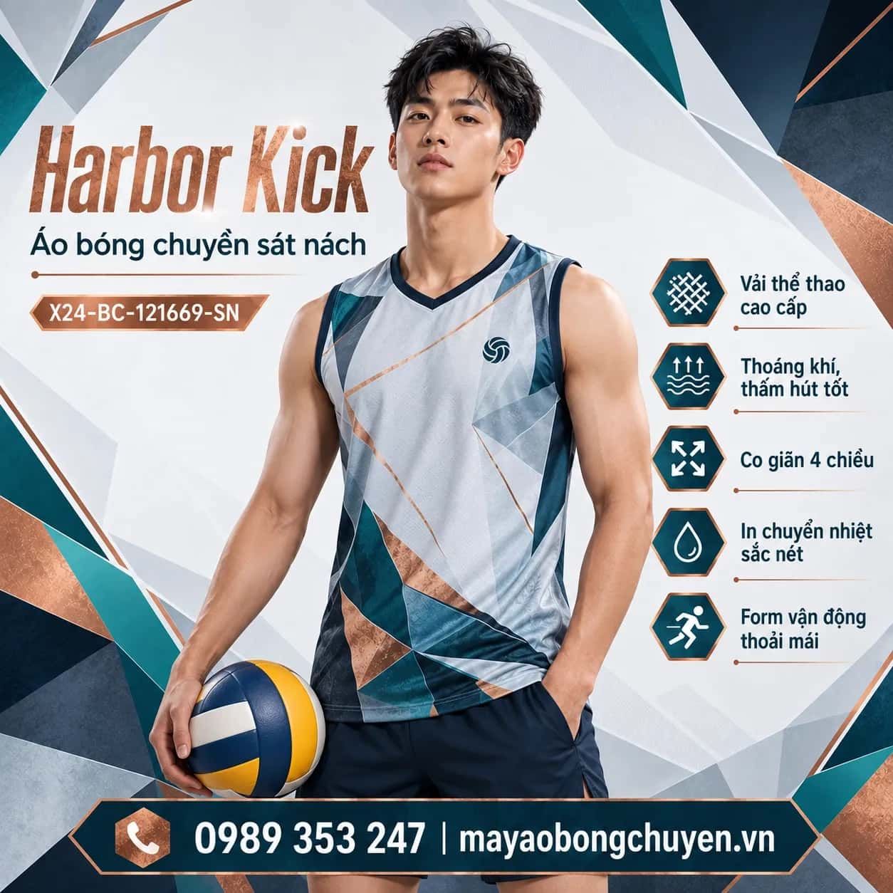 Áo bóng chuyền sát nách Harbor Kick phối xám băng xanh teal đặt đội