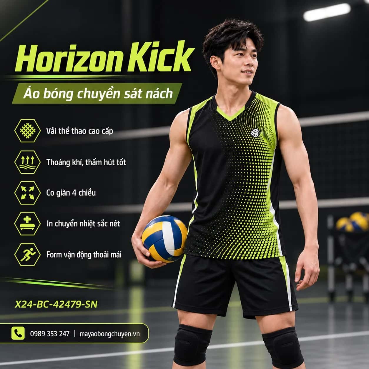 Áo bóng chuyền sát nách Horizon Kick phối đen mờ xanh lime đặt đội