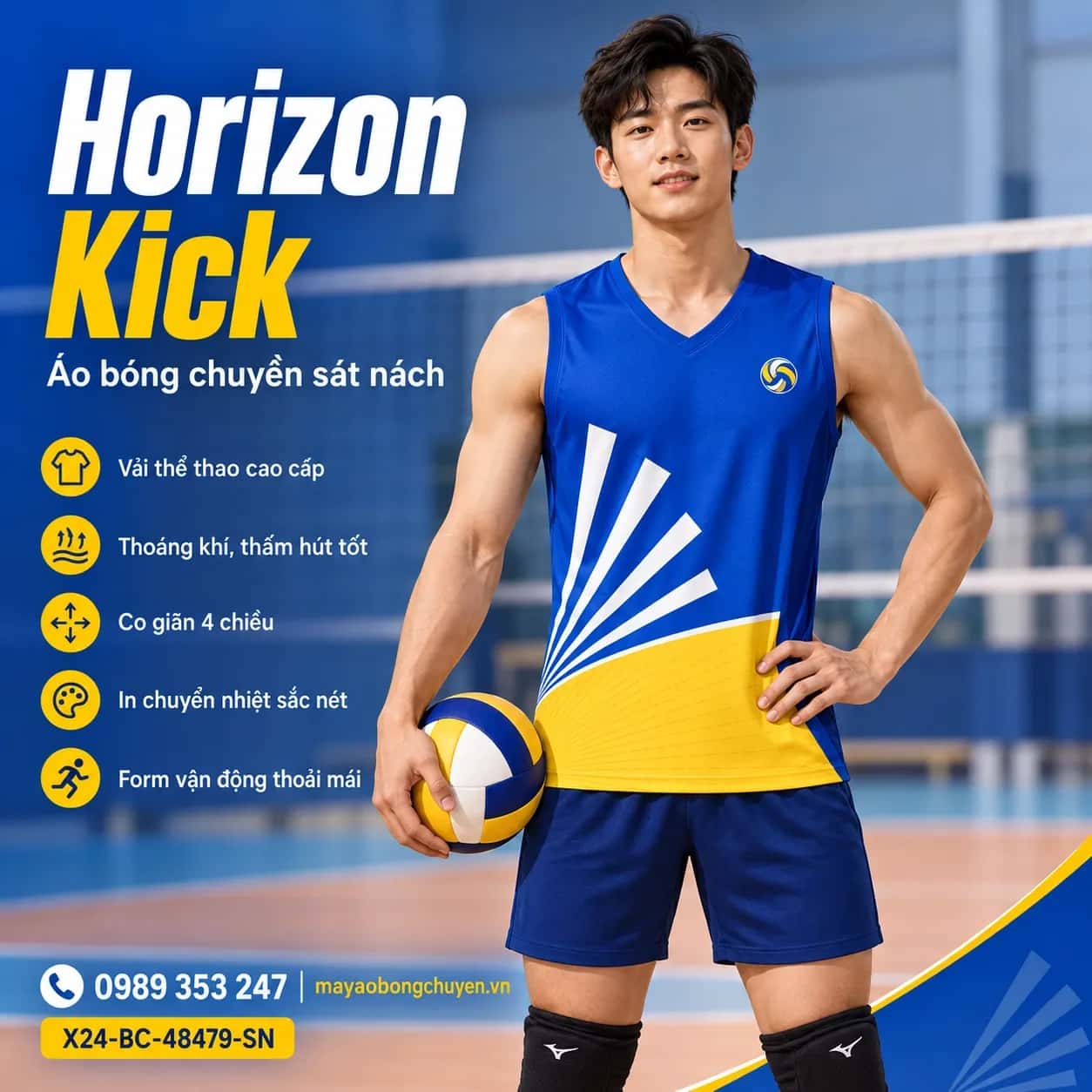 Áo bóng chuyền sát nách Horizon Kick phối xanh hoàng gia vàng đặt đội