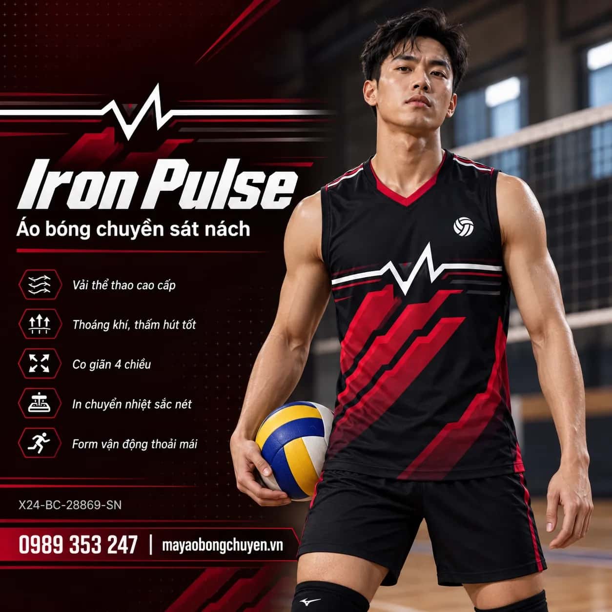 Áo bóng chuyền sát nách Iron Pulse phối đen đỏ crimson đặt đội