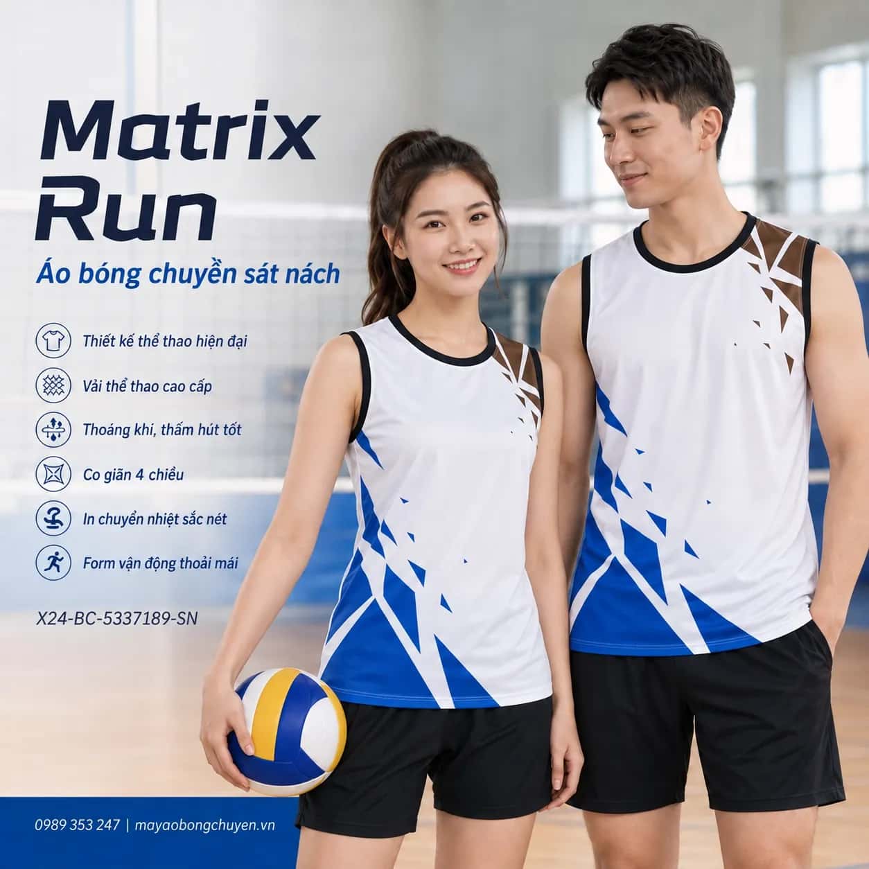 Áo bóng chuyền sát nách Matrix Run phối ngọc trai xanh cobalt đặt đội