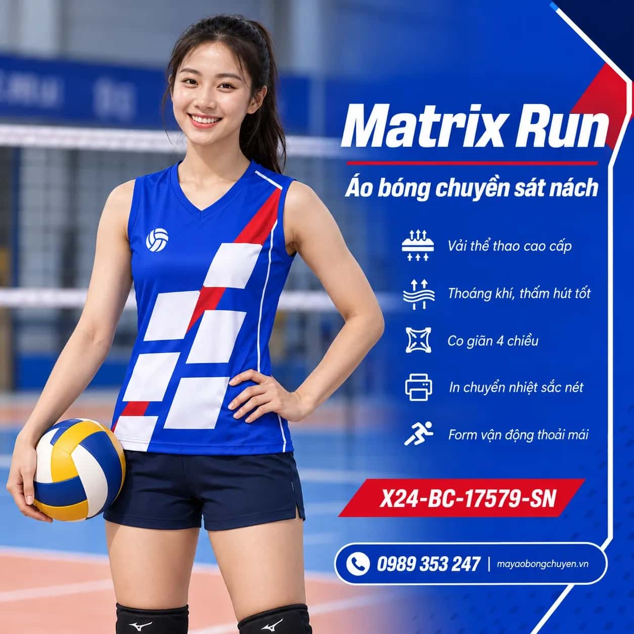 Áo bóng chuyền sát nách Matrix Run phối xanh cobalt trắng đặt đội