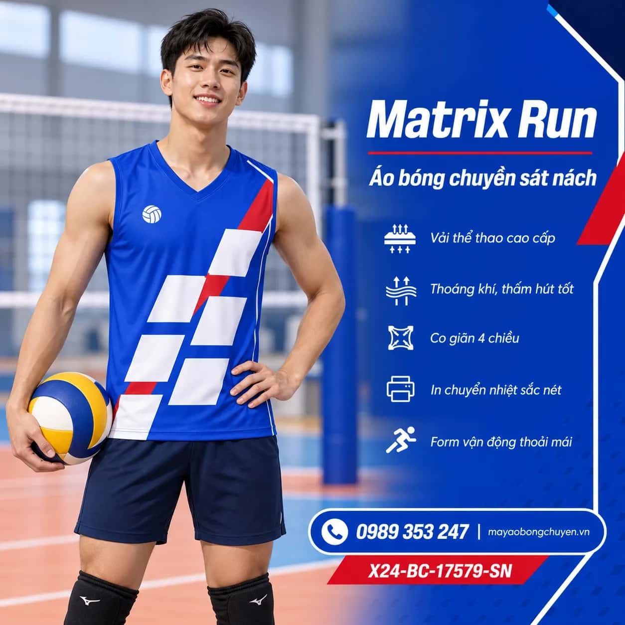 Áo bóng chuyền sát nách Matrix Run phối xanh cobalt trắng đặt đội