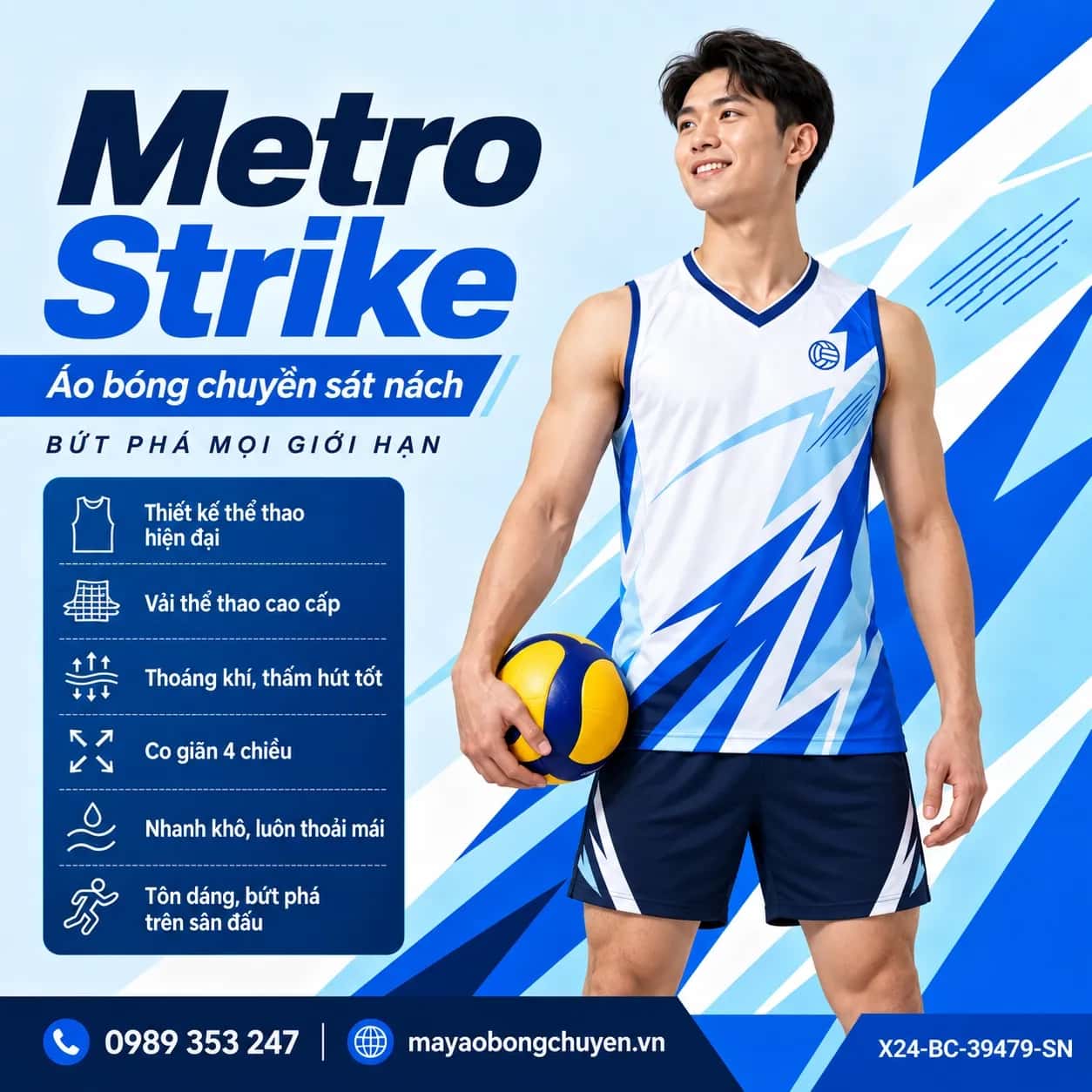 Áo bóng chuyền sát nách Metro Strike phối trắng ngọc trai xanh coban đặt đội