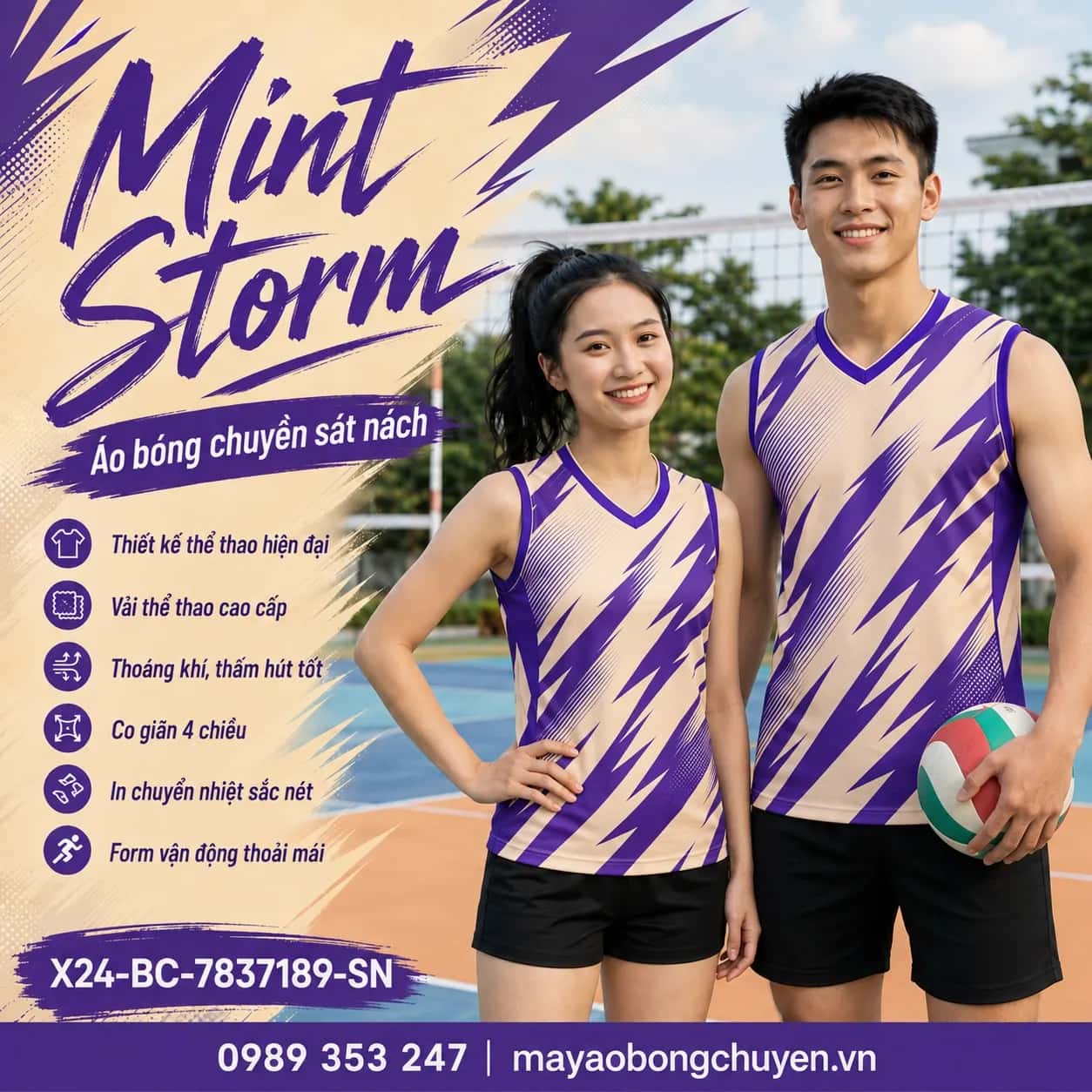 Áo bóng chuyền sát nách Mint Storm phối kem ấm tím violet đặt đội