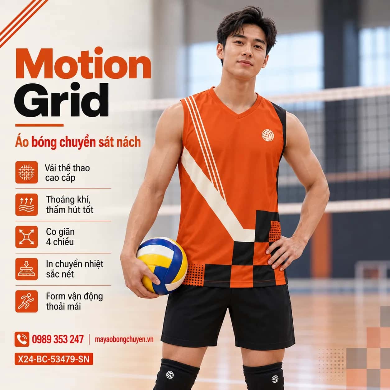 Áo bóng chuyền sát nách Motion Grid phối cam cháy đen đặt đội