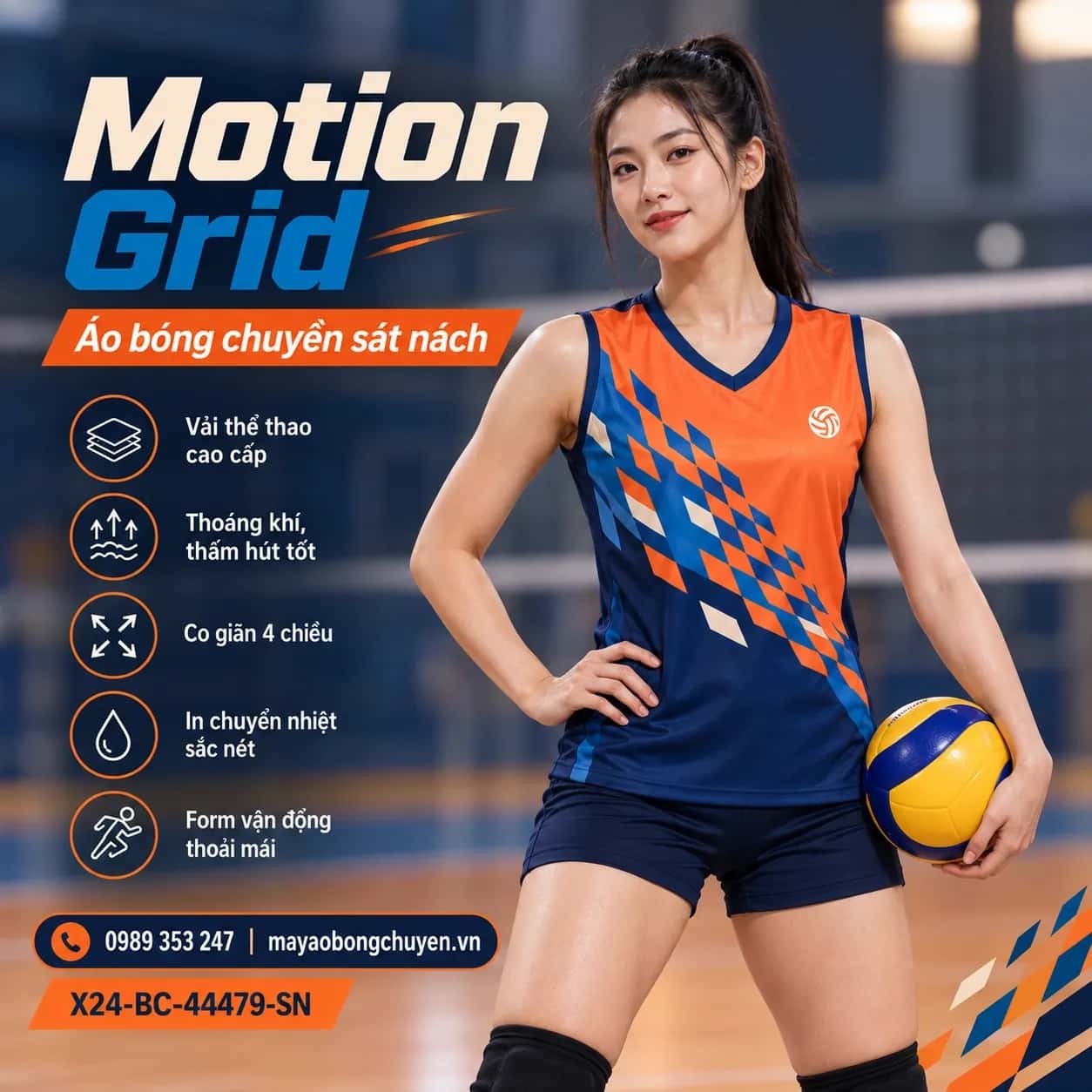 Áo bóng chuyền sát nách Motion Grid phối cam tangerine xanh navy đặt đội
