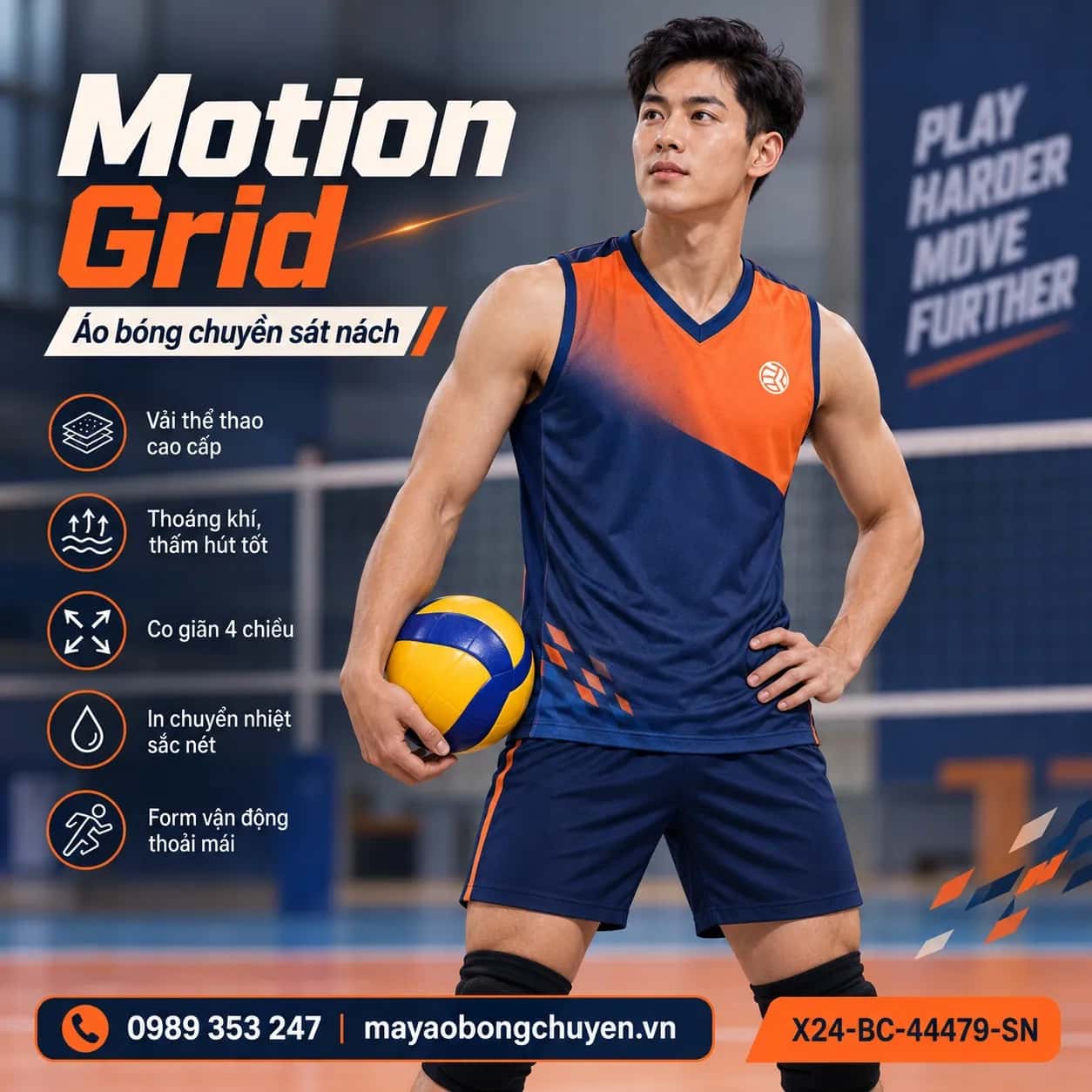 Áo bóng chuyền sát nách Motion Grid phối cam tangerine xanh navy đặt đội
