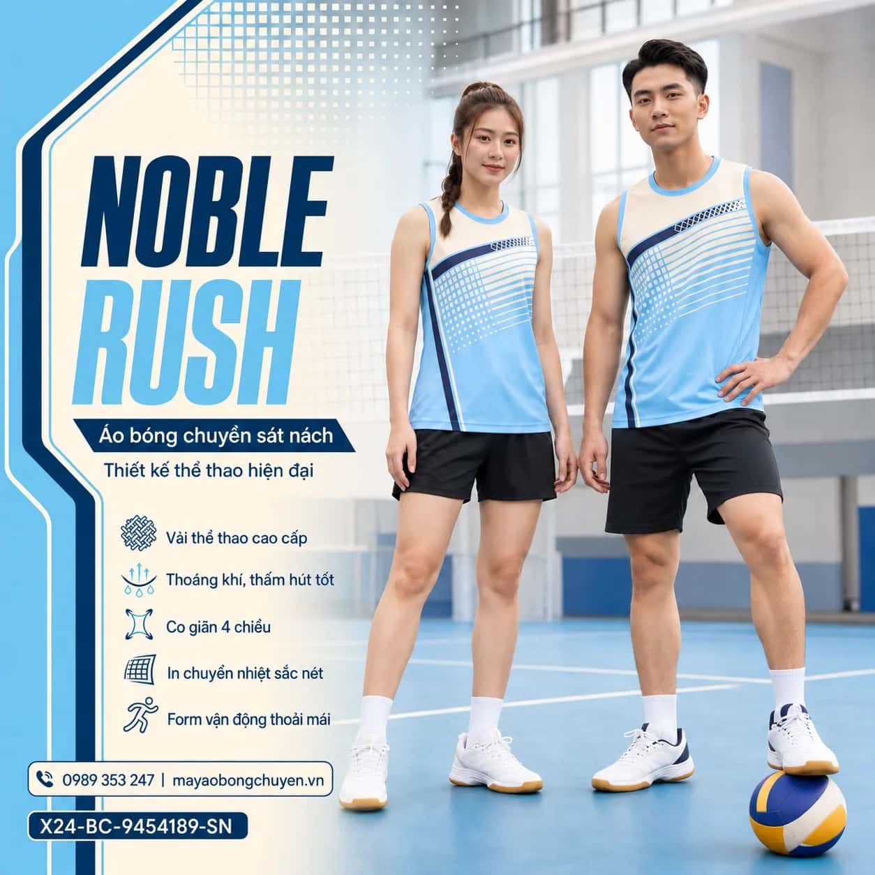 Áo bóng chuyền sát nách Noble Rush phối xanh da trời kem ngà đặt đội