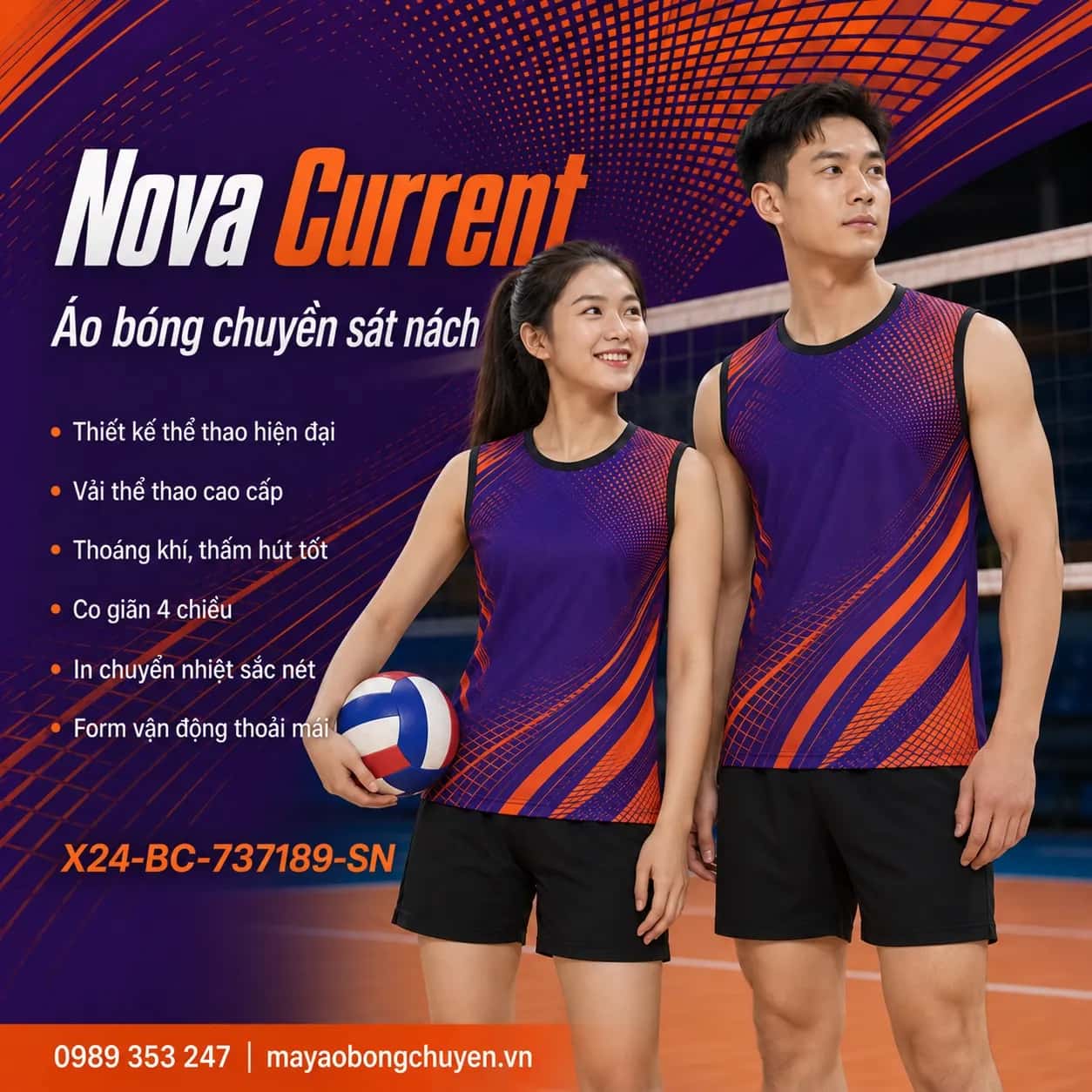 Áo bóng chuyền sát nách Nova Current phối tím violet cam cháy đặt đội