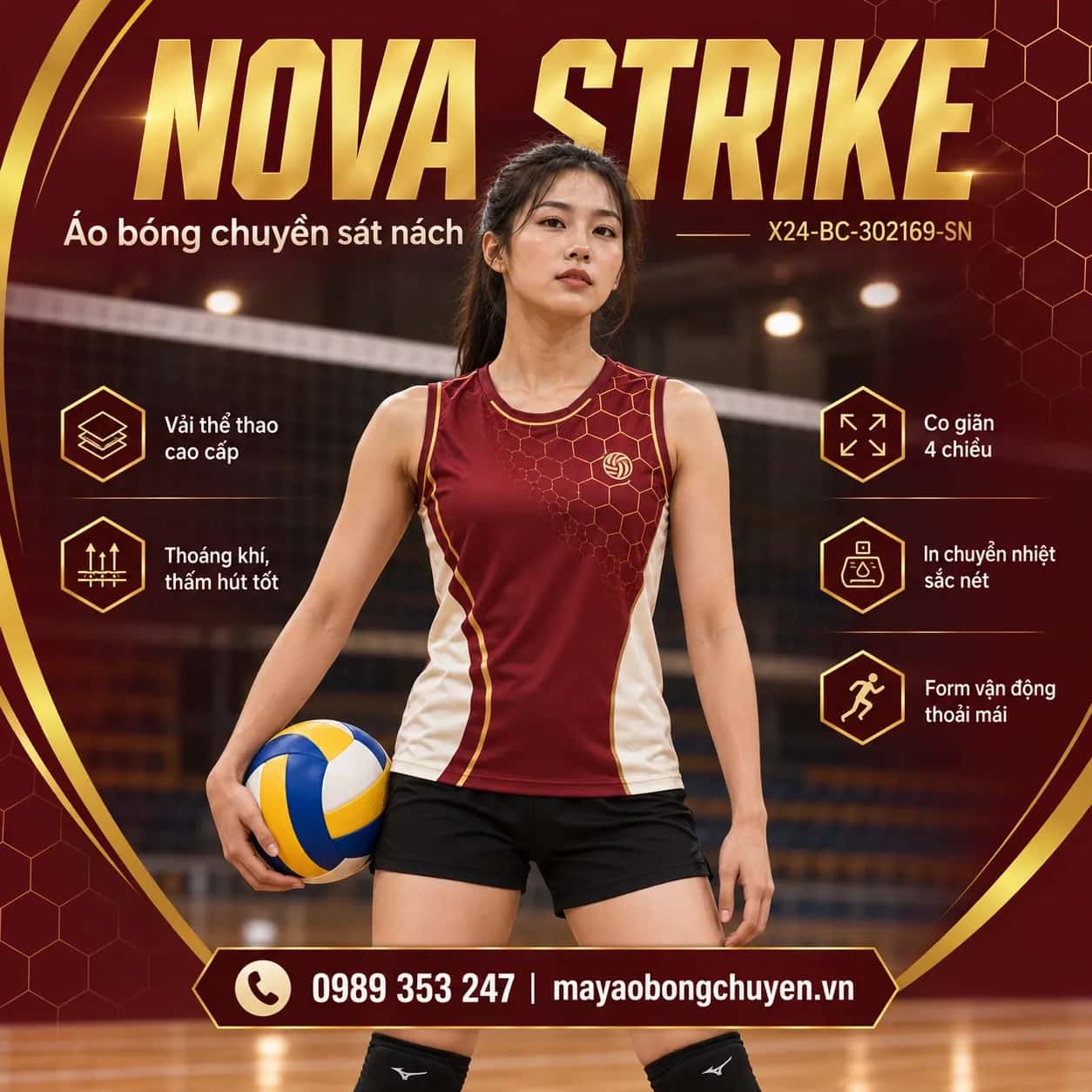 Áo bóng chuyền sát nách Nova Strike phối đỏ burgundy kem đặt đội
