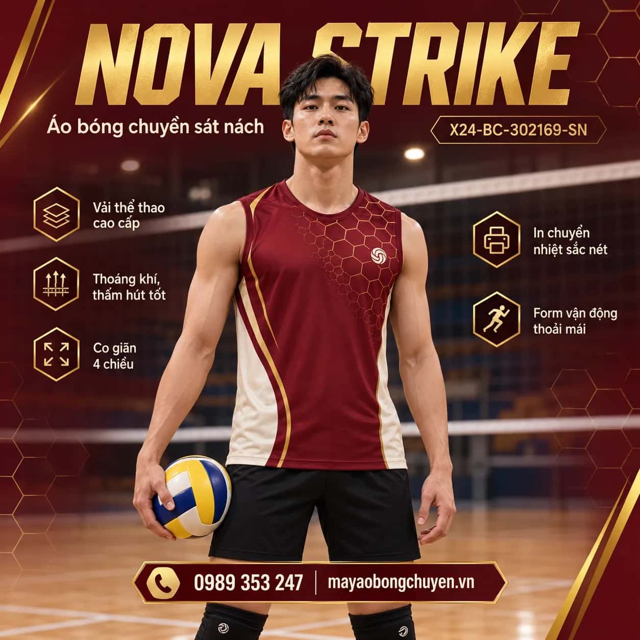 Áo bóng chuyền sát nách Nova Strike phối đỏ burgundy kem đặt đội