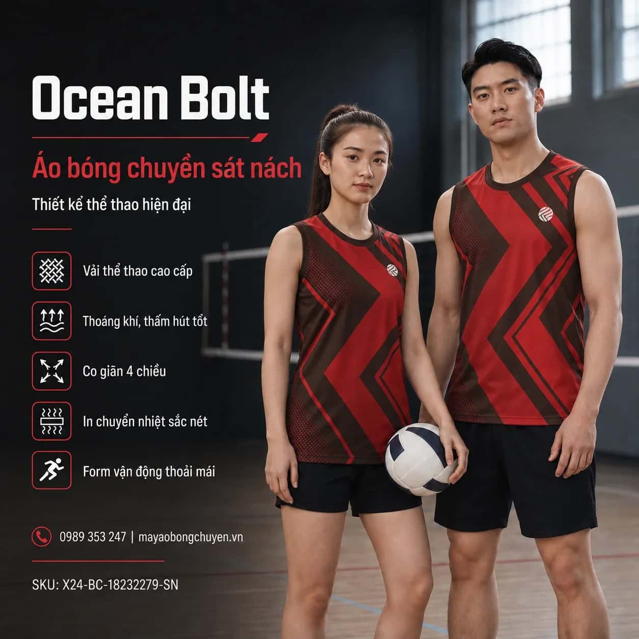 Áo bóng chuyền sát nách Ocean Bolt phối đỏ crimson nâu cacao đặt đội