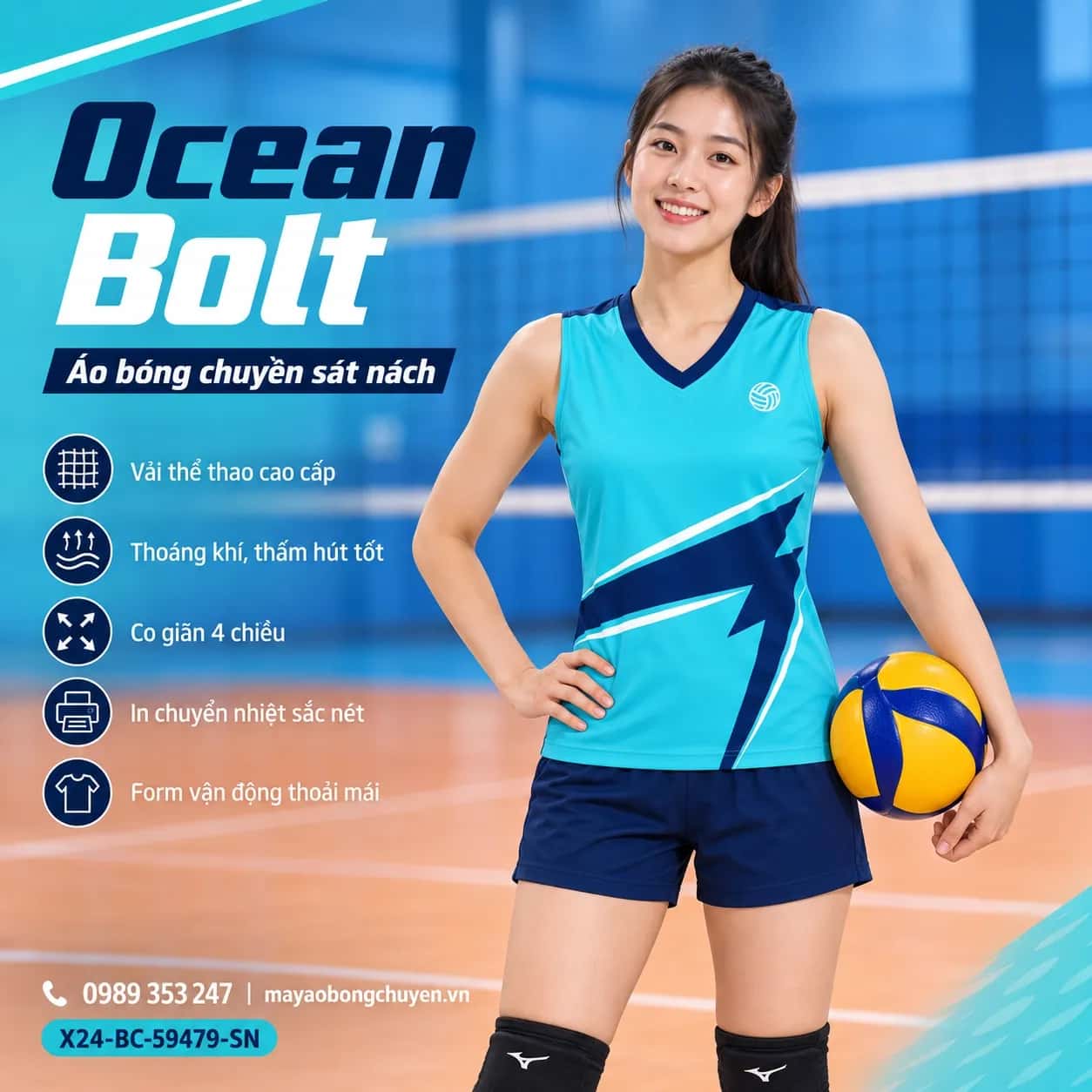 Áo bóng chuyền sát nách Ocean Bolt phối xanh aqua xanh navy đặt đội