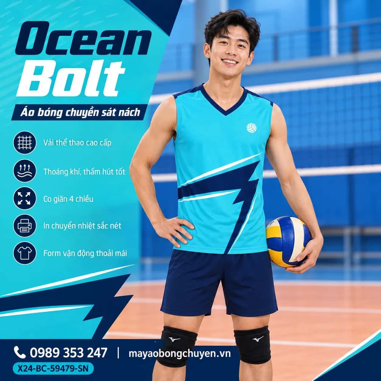 Áo bóng chuyền sát nách Ocean Bolt phối xanh aqua xanh navy đặt đội