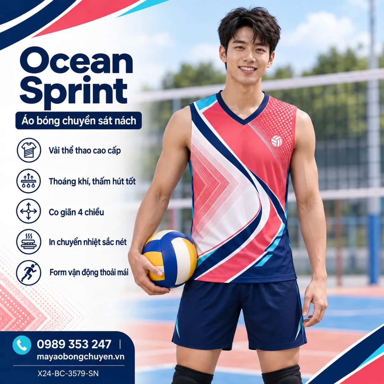Áo bóng chuyền sát nách Ocean Sprint phối hồng san hô trắng đặt đội