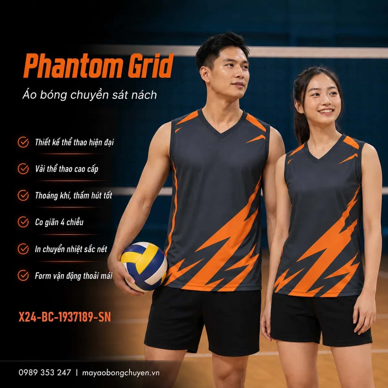 Áo bóng chuyền sát nách Phantom Grid phối xám graphite cam rực đặt đội