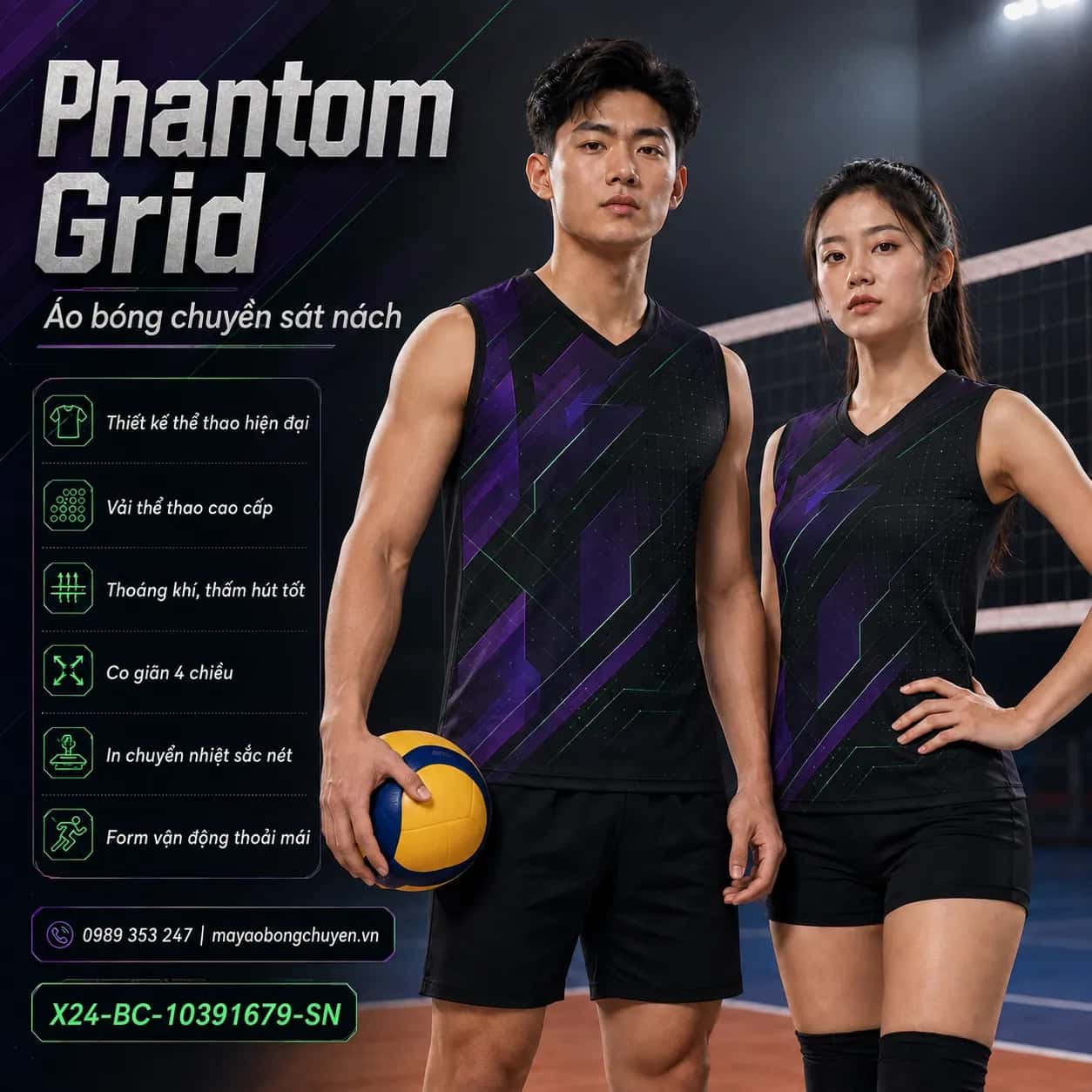 Áo bóng chuyền sát nách Phantom Grid phối xám than tím đậm đặt đội