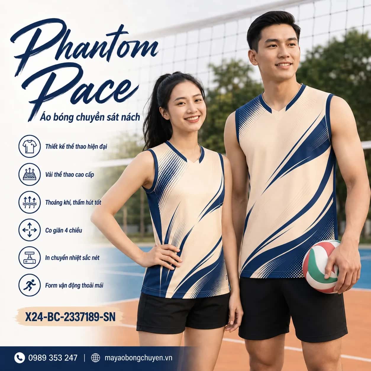 Áo bóng chuyền sát nách Phantom Pace phối kem ấm xanh navy đặt đội