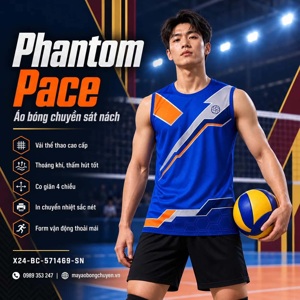 Áo bóng chuyền sát nách Phantom Pace phối xanh royal cam đặt đội