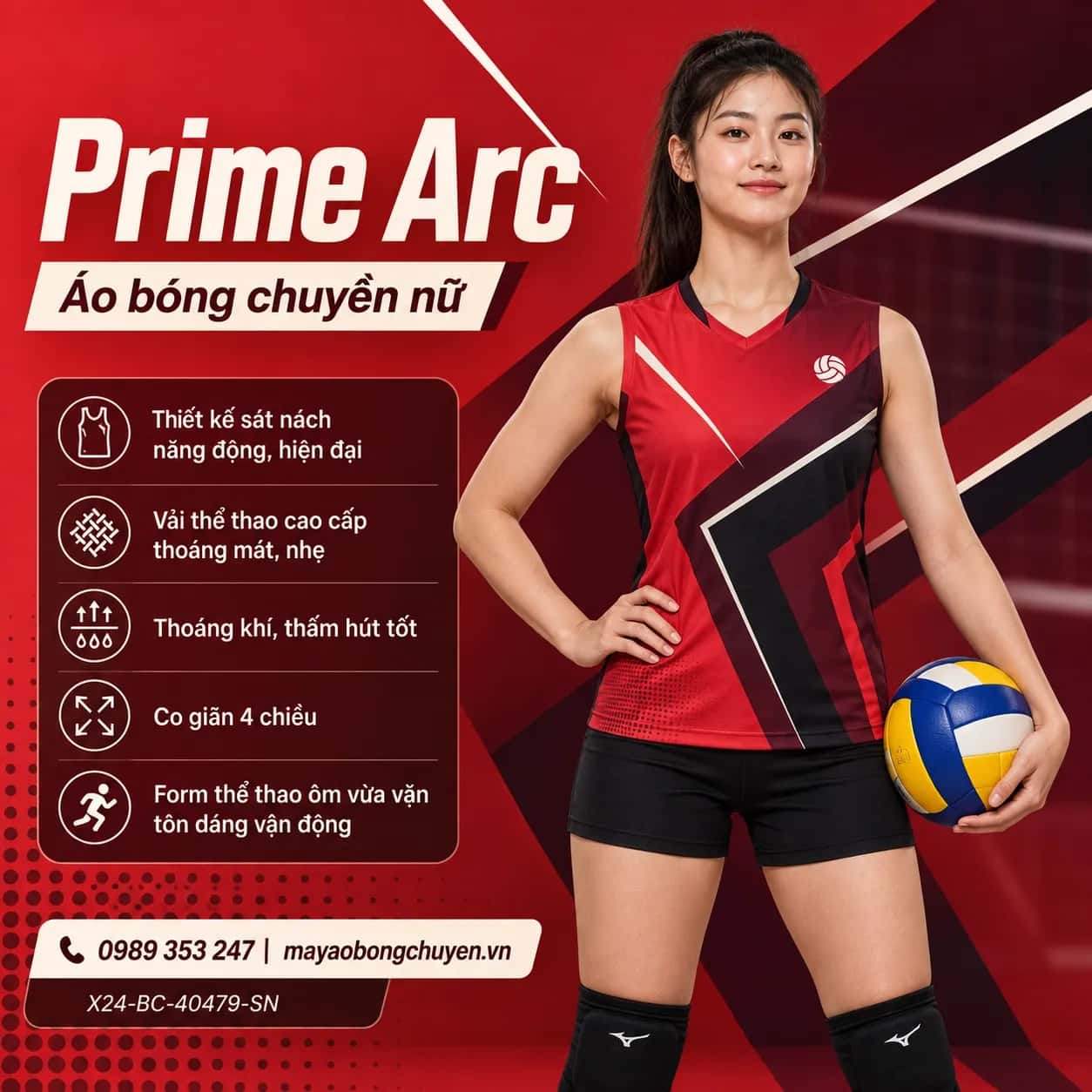 Áo bóng chuyền sát nách Prime Arc phối đỏ san hô đỏ burgundy đặt đội
