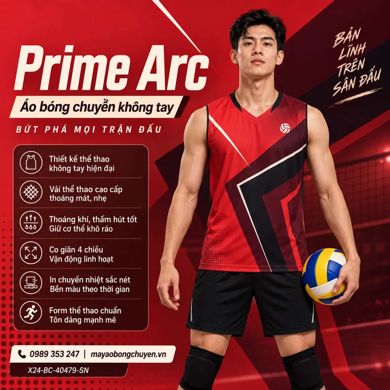 Áo bóng chuyền sát nách Prime Arc phối đỏ san hô đỏ burgundy đặt đội
