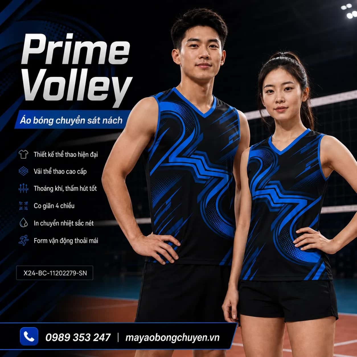 Áo bóng chuyền sát nách Prime Volley phối đen xanh cobalt đặt đội
