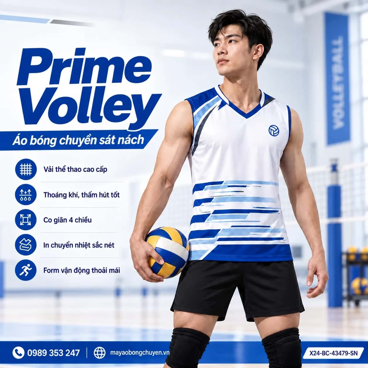Áo bóng chuyền sát nách Prime Volley phối trắng xanh sapphire đặt đội