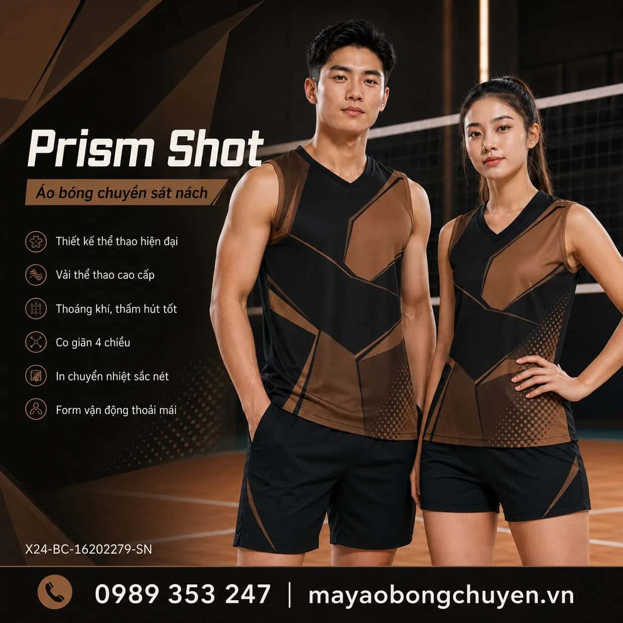 Áo bóng chuyền sát nách Prism Shot phối đen nâu cacao đặt đội